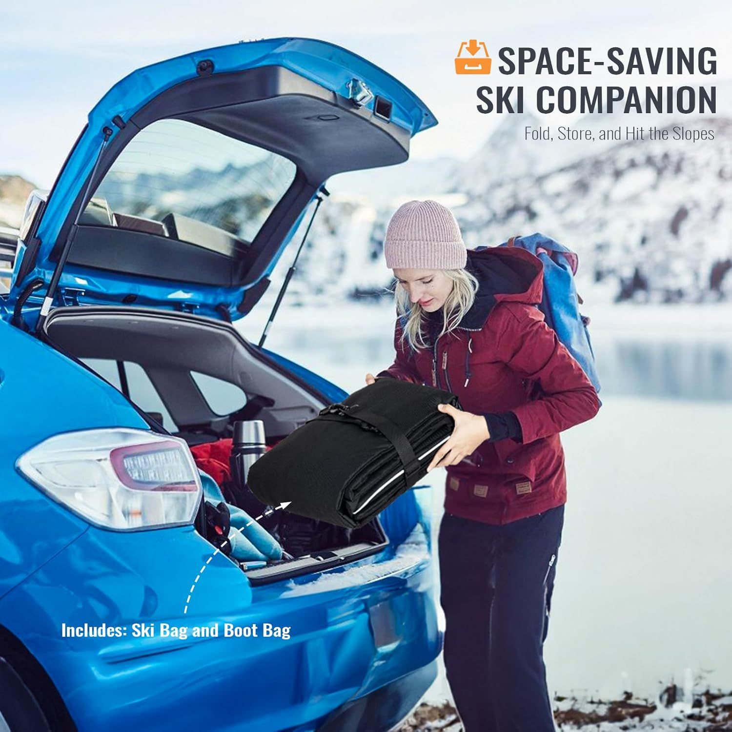 Shows the customer what accessories are included with the product (ski bag and boot bag) to demonstrate value and completeness of the ski storage solution.…
