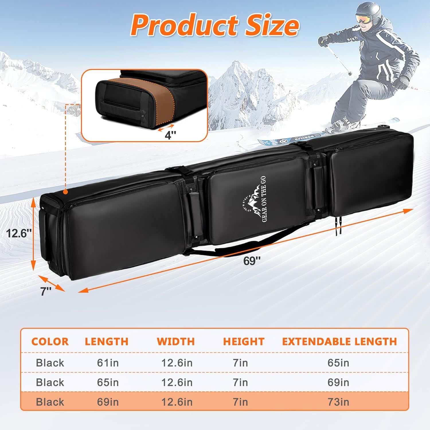 Communicates the exact physical dimensions of the ski bag in multiple configurations, helping shoppers understand the size and ensure it fits their equipment…