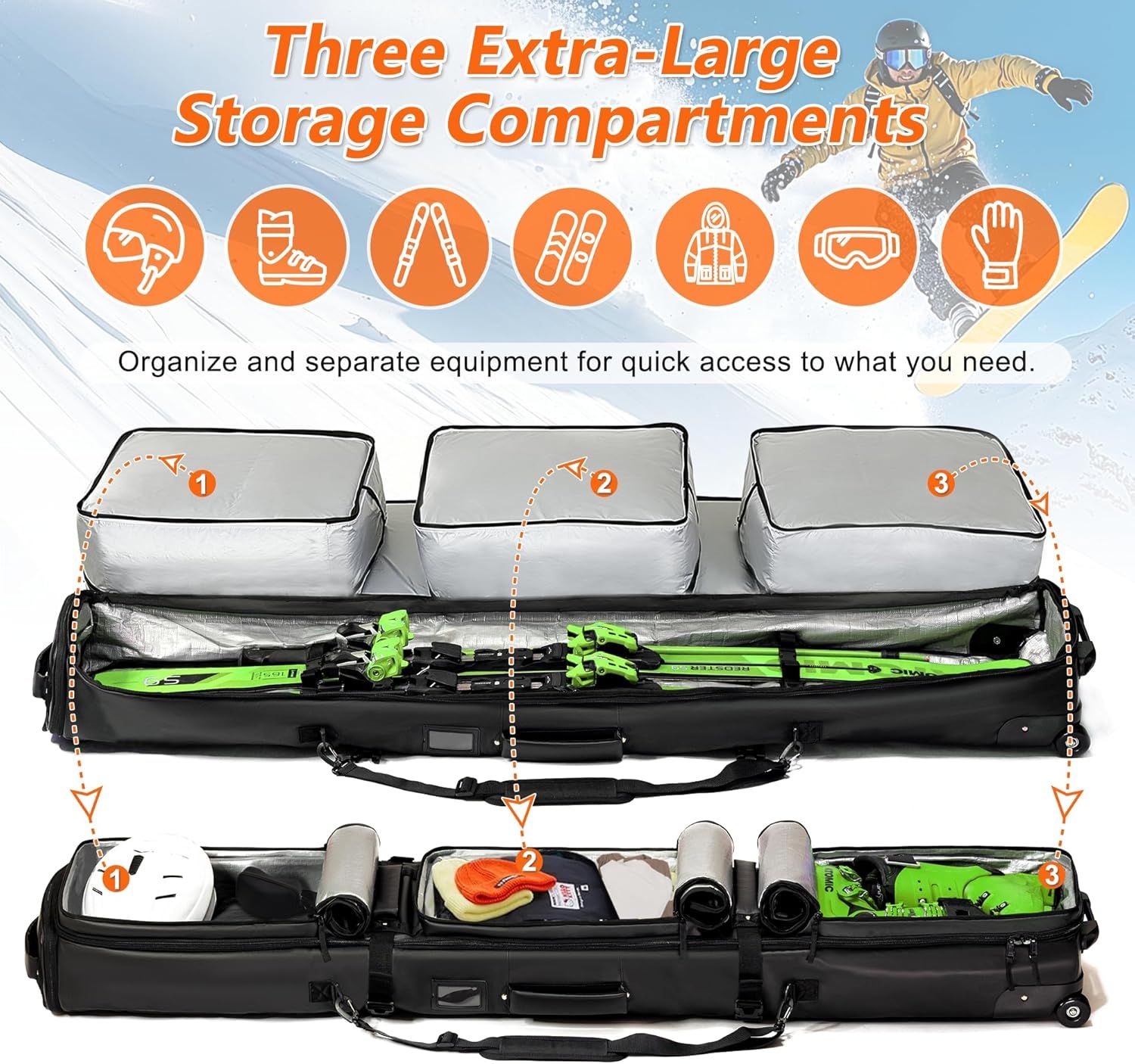 Demonstrates the product's multiple storage compartments and organizational capability, showing how users can separate and organize different types of…