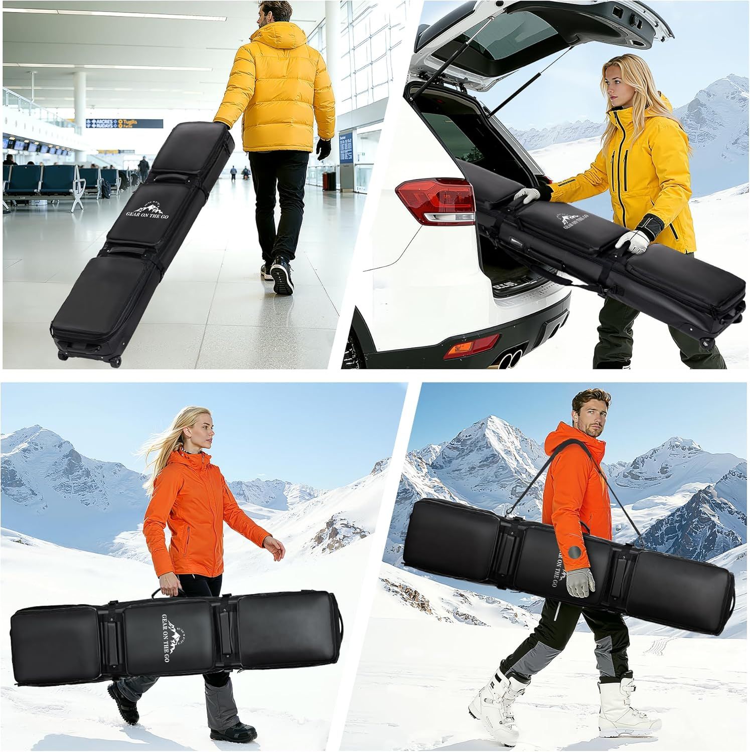 Demonstrates the versatility of the ski bag by showing it in multiple real-world scenarios—traveling through an airport, loading into a car, and carrying on…
