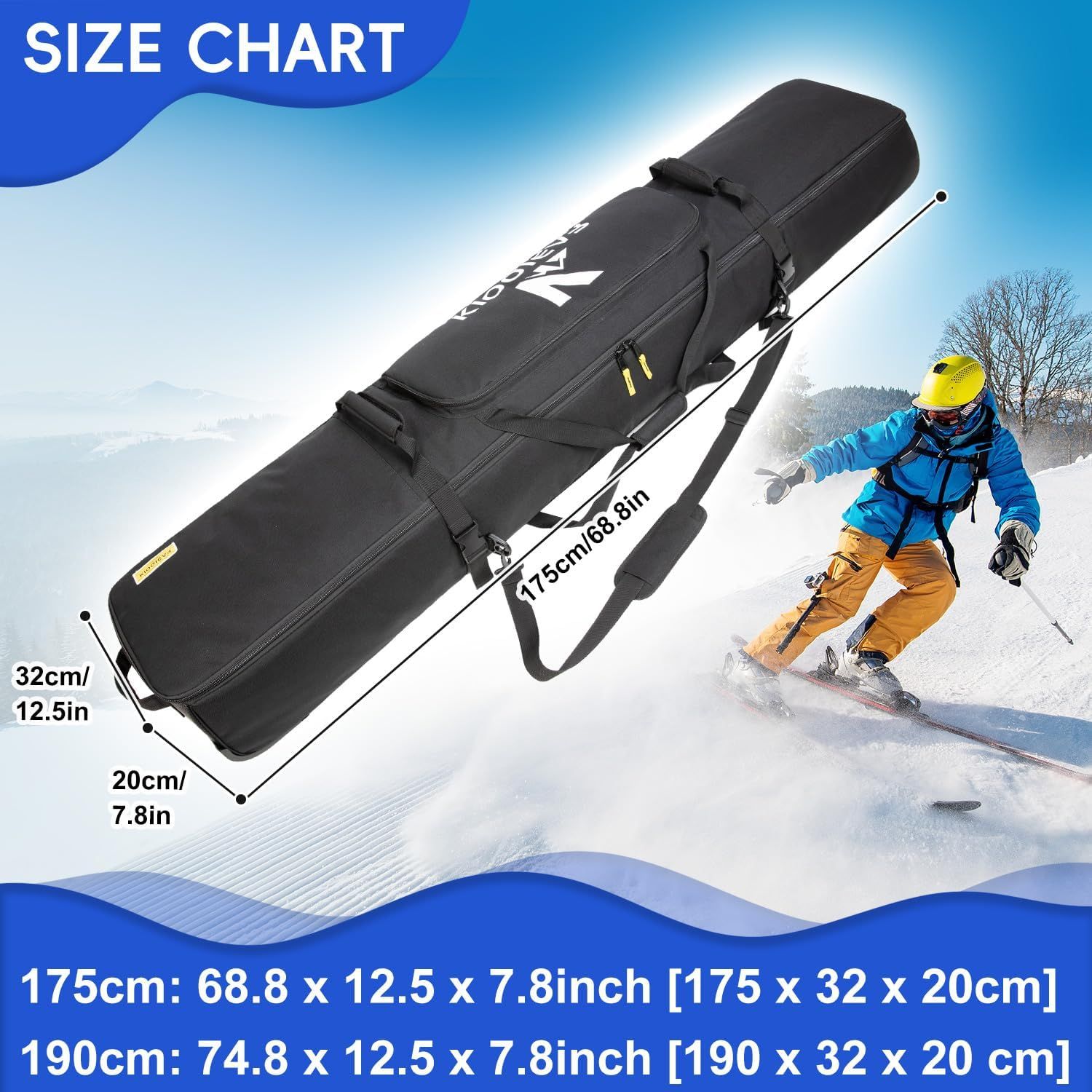 Communicates the exact physical dimensions of the ski bag in both metric and imperial units, helping shoppers understand if it will fit their equipment and…
