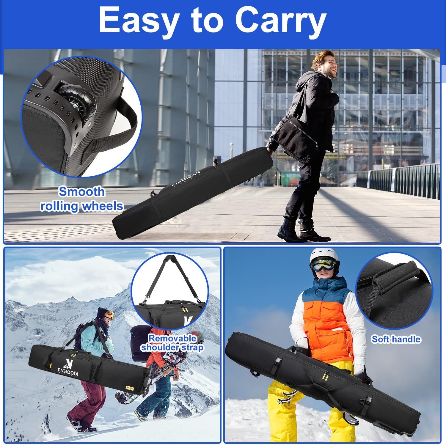 Highlights the portability features of the snowboard bag, showing smooth rolling wheels, removable shoulder strap, and soft handle to reassure shoppers that…