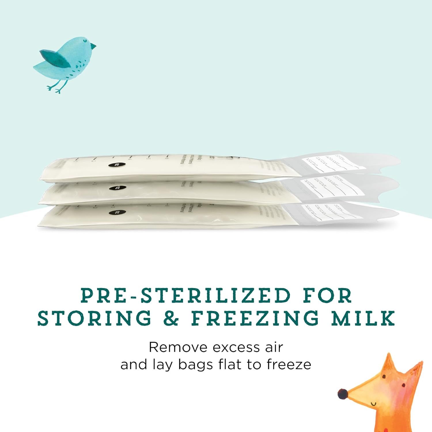 Communicates that the product is pre-sterilized and designed for safe milk storage and freezing, reassuring parents about hygiene and convenience.