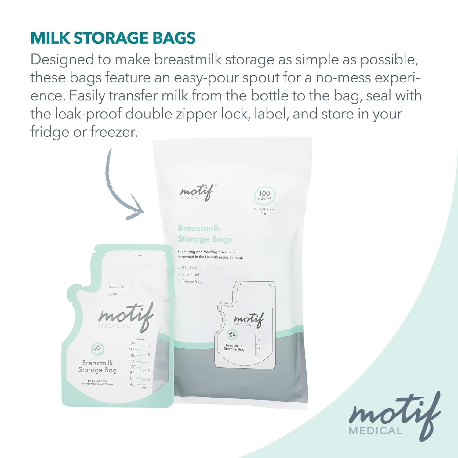 Communicates the simplicity and convenience of the breastmilk storage bags, emphasizing the easy-pour spout, leak-proof seal, and hassle-free storage process to reassure new parents.