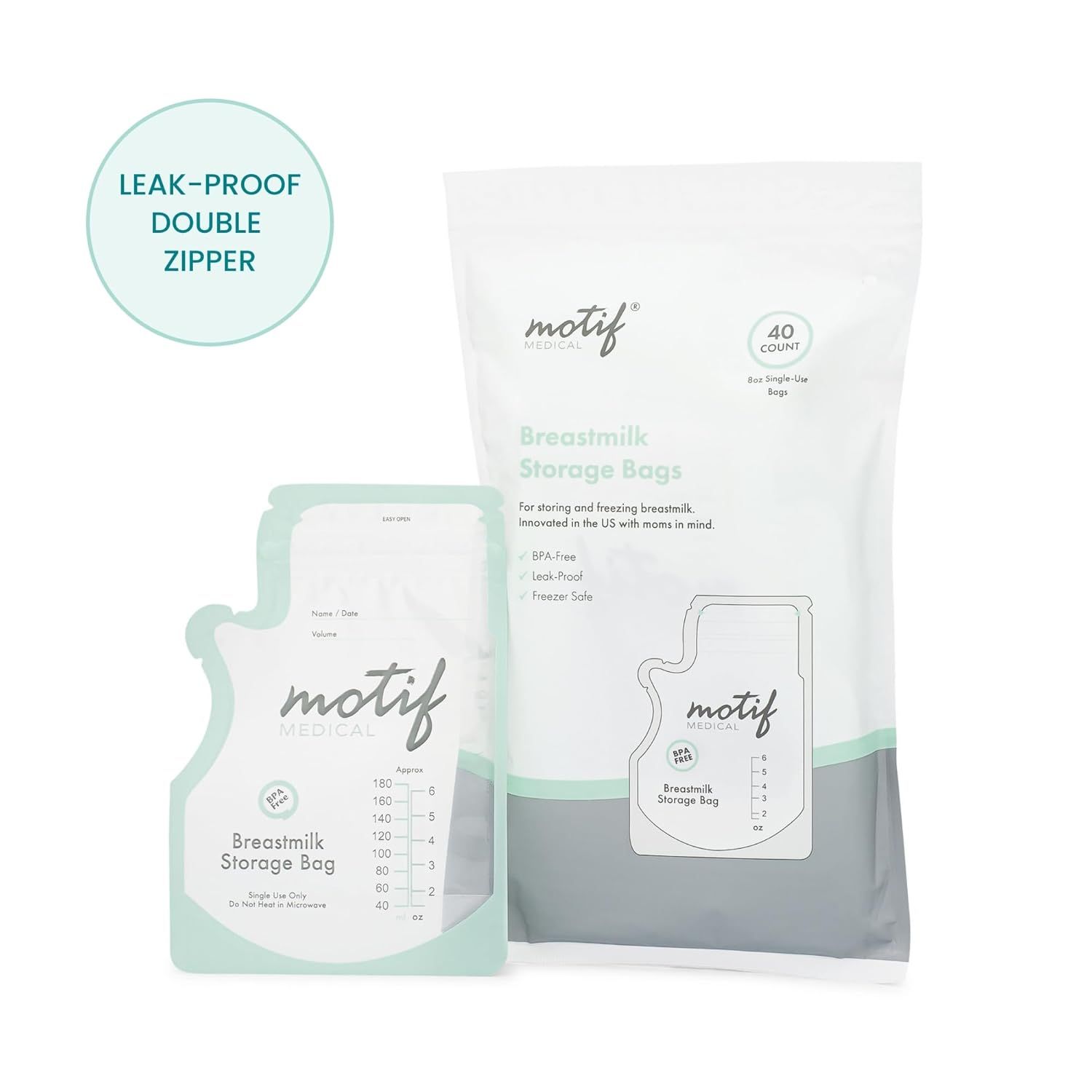 Highlights the leak-proof double zipper feature to reassure shoppers that the breastmilk storage bags are secure and won't spill during storage or freezing.
