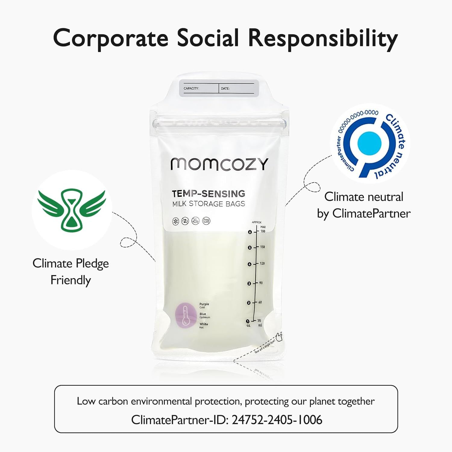 Communicates the brand's environmental responsibility and climate-neutral certification to reassure eco-conscious shoppers that the product is sustainably produced.