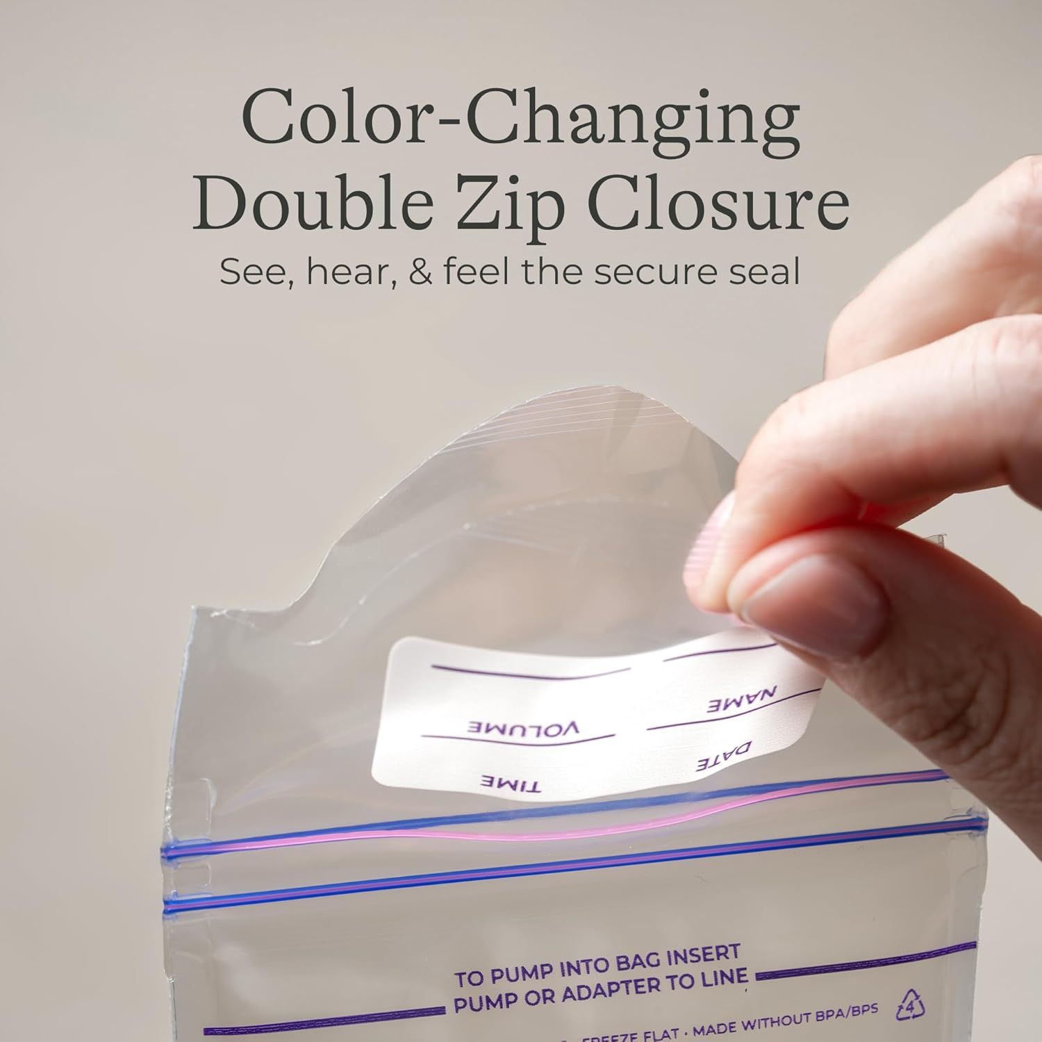 Highlights the innovative color-changing double zip closure feature that provides visual, auditory, and tactile confirmation of a secure seal, reassuring shoppers of product safety and freshness.