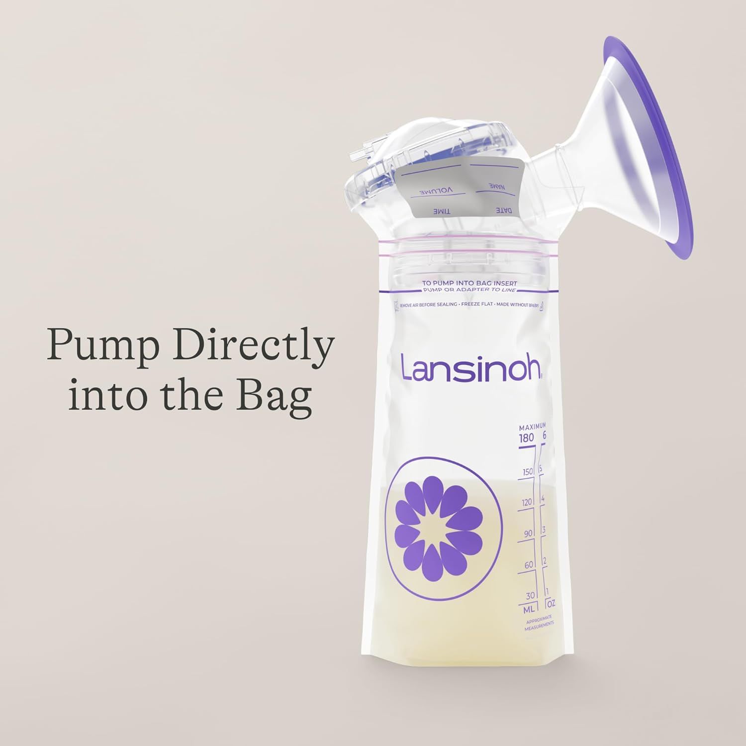 Demonstrates how the breast pump can be used to pump directly into the storage bag, highlighting convenience and ease of use for nursing mothers. Communicates the key benefit of pumping directly…