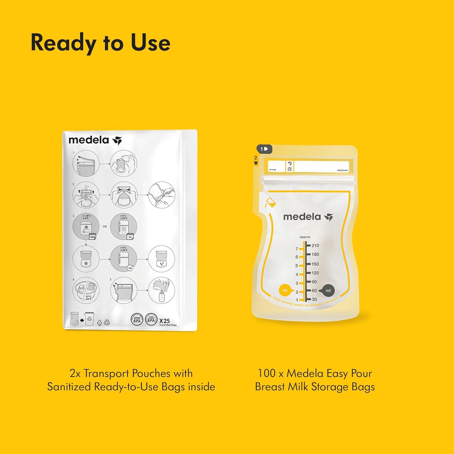 Shows what's included in the package: 2 transport pouches with sanitized ready-to-use bags inside and 100 Medela breast milk storage bags, helping shoppers understand the complete contents of their…