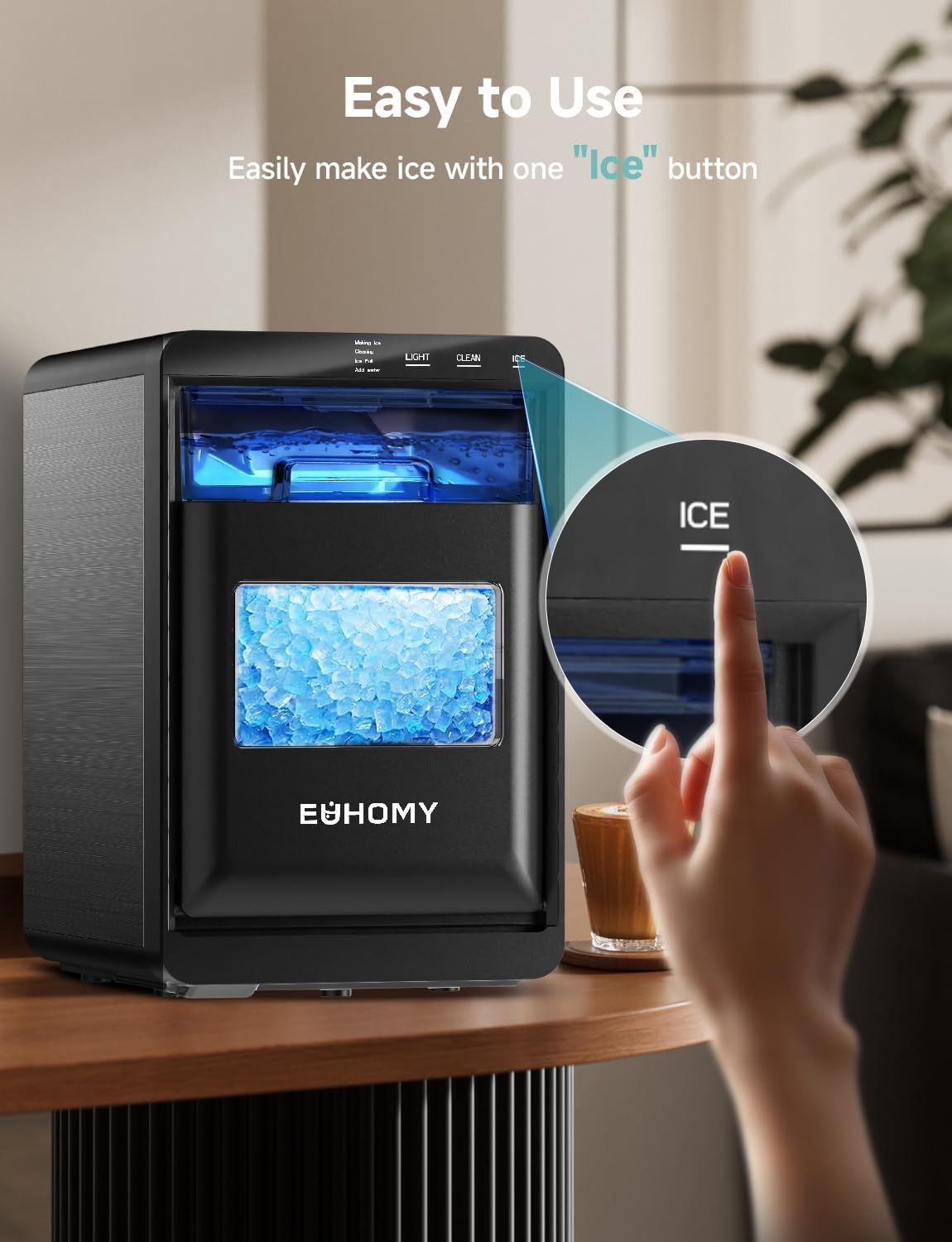 Demonstrates how simple it is to operate the ice maker by pressing a single 'Ice' button, reassuring shoppers that the product is user-friendly and requires minimal effort. Highlights the product's…
