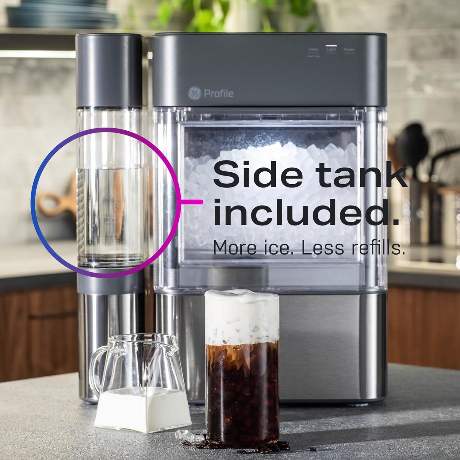 Highlights that the ice maker includes an additional side tank accessory, emphasizing the convenience of increased ice capacity and fewer refills.
