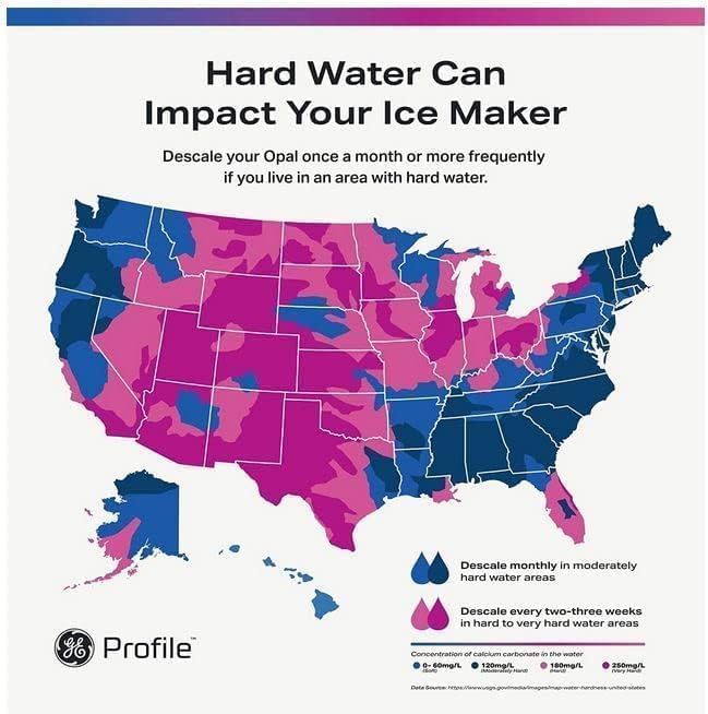 Educates shoppers about hard water's impact on their ice maker and provides regional maintenance guidance to help them understand descaling frequency needs based on their location.