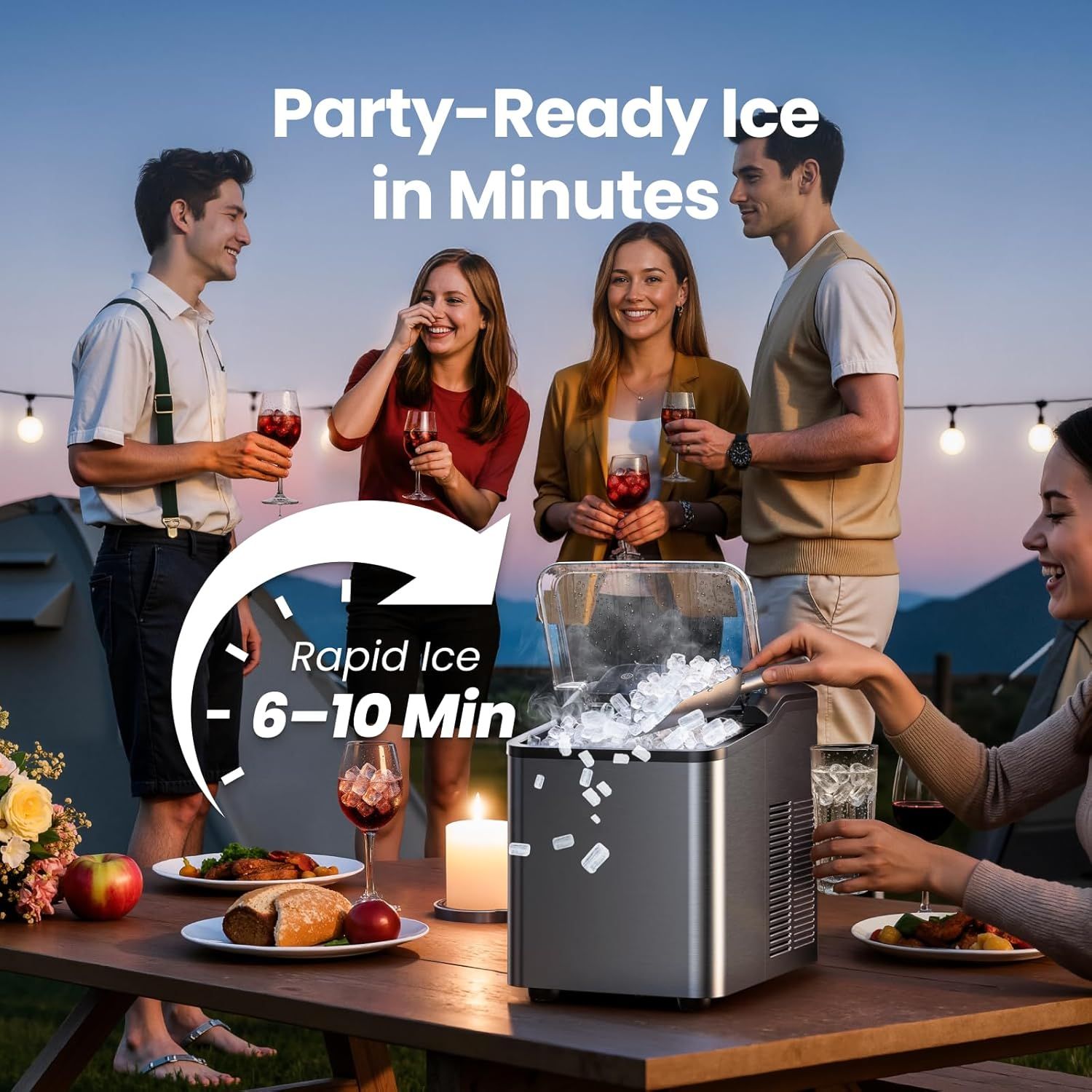 Communicates the product's fast ice-making capability (6-10 minutes) to reassure shoppers that they can quickly prepare ice for parties and gatherings. Highlights the convenience of having…