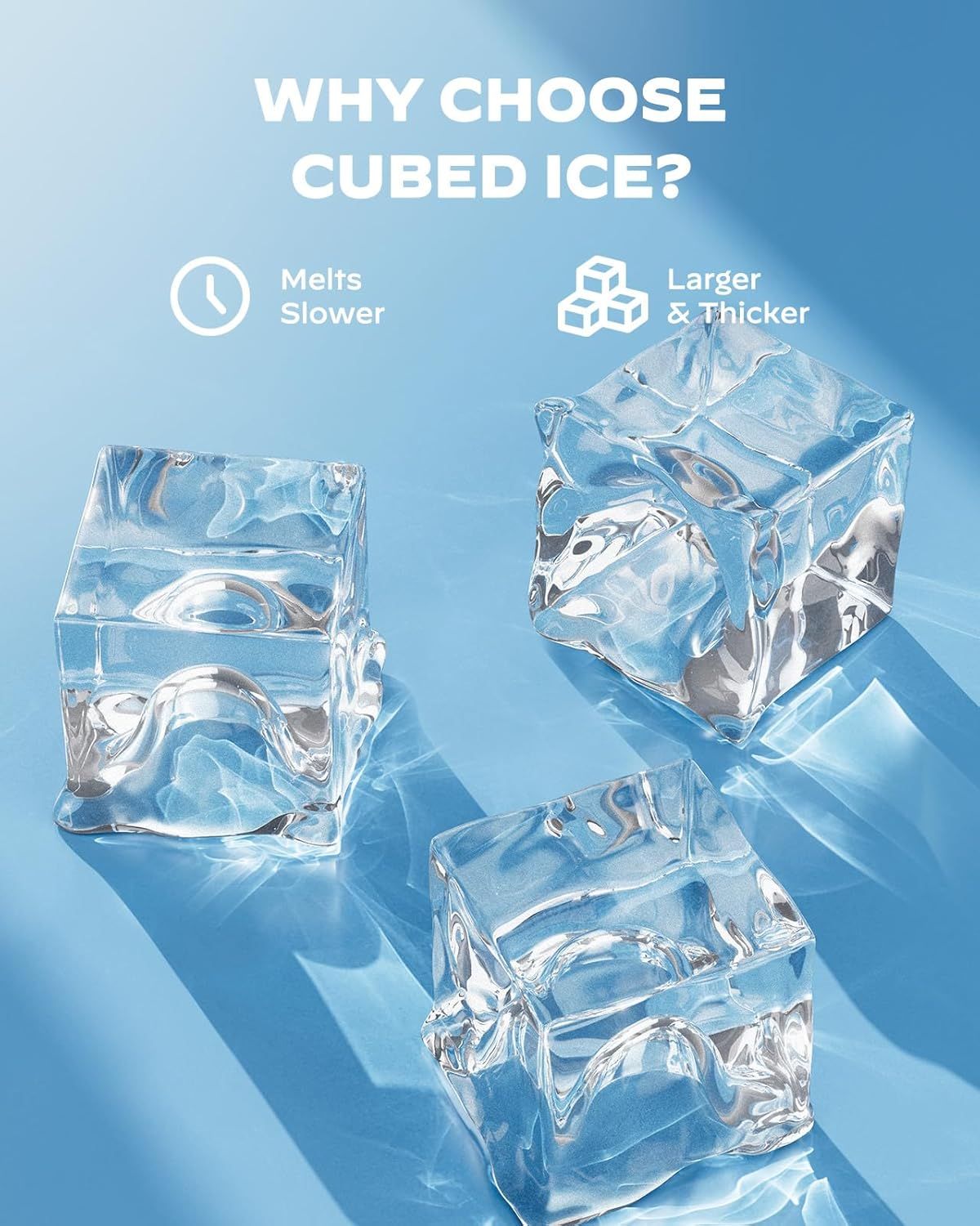 Communicates two distinct benefits of cubed ice—slower melting time and larger, thicker size—to help shoppers understand why this ice shape is superior for their beverages.