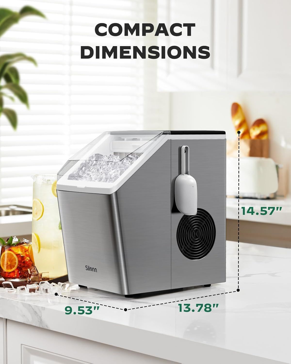 Communicates the physical size of the ice maker to reassure shoppers it will fit on their countertop without taking up excessive space.