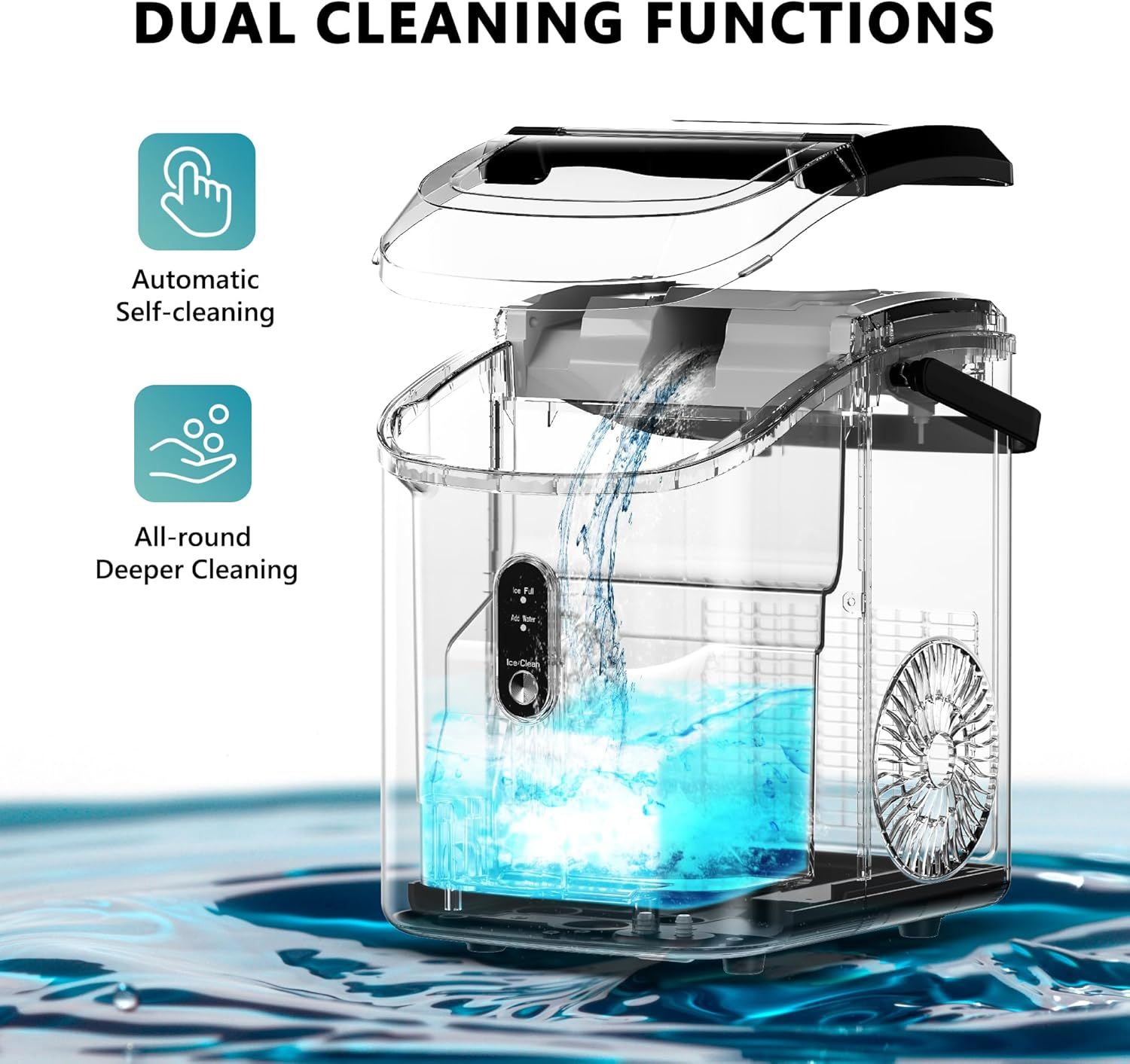 Communicates two distinct cleaning benefits of the product: automatic self-cleaning functionality and comprehensive deeper cleaning capability, reassuring shoppers of the product's convenience and…