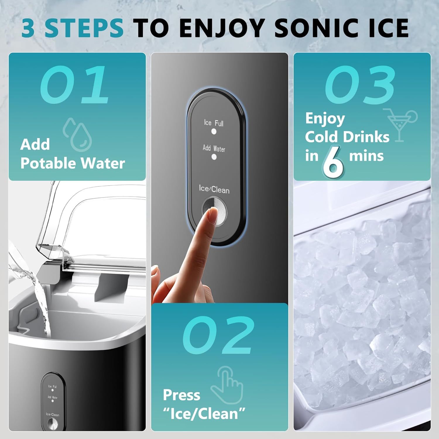 Demonstrates the simple 3-step process to operate the Sonic Ice maker, reassuring shoppers that the product is easy to use and delivers cold drinks quickly.