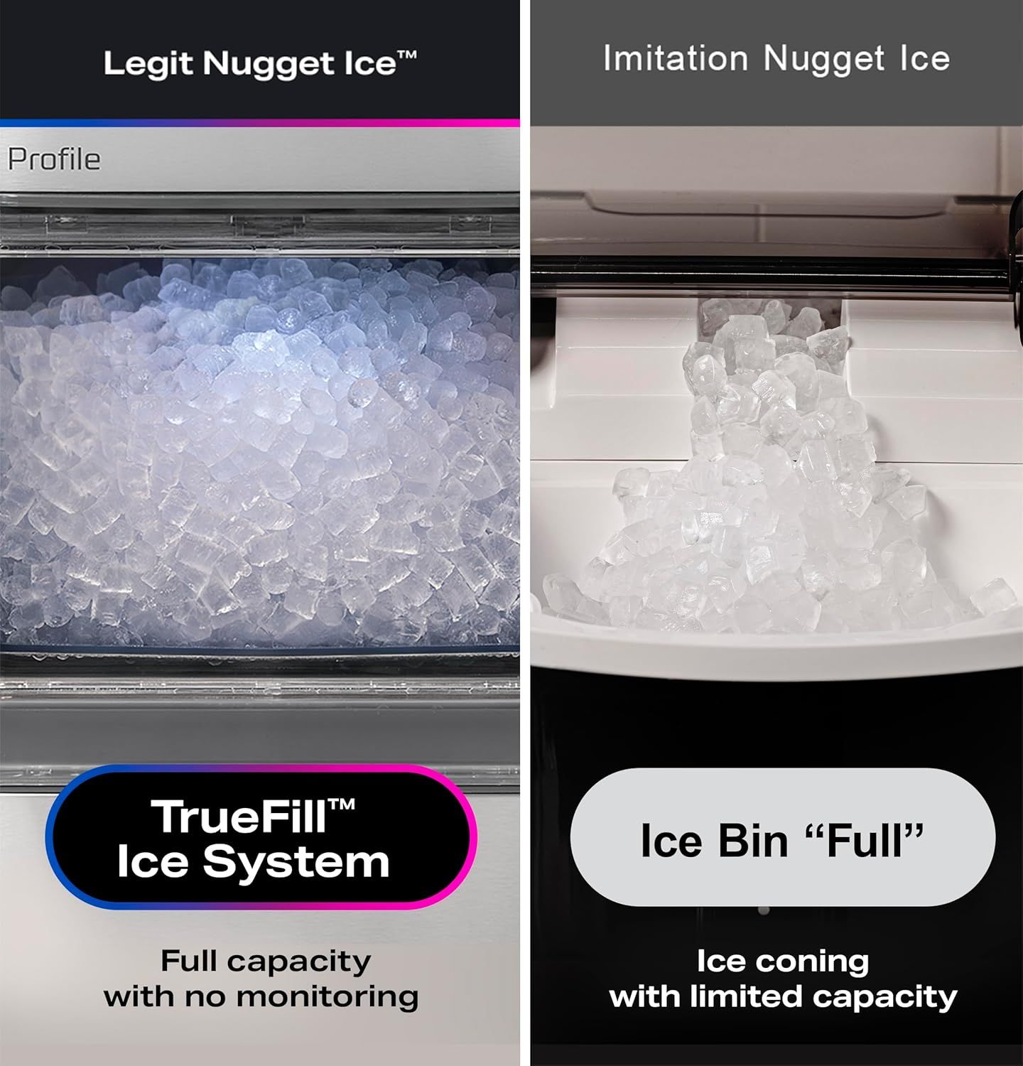 This image demonstrates the superiority of the Legit Nugget Ice system over imitation competitors by showing better ice quality, fuller capacity, and the TrueFill system that requires no monitoring.