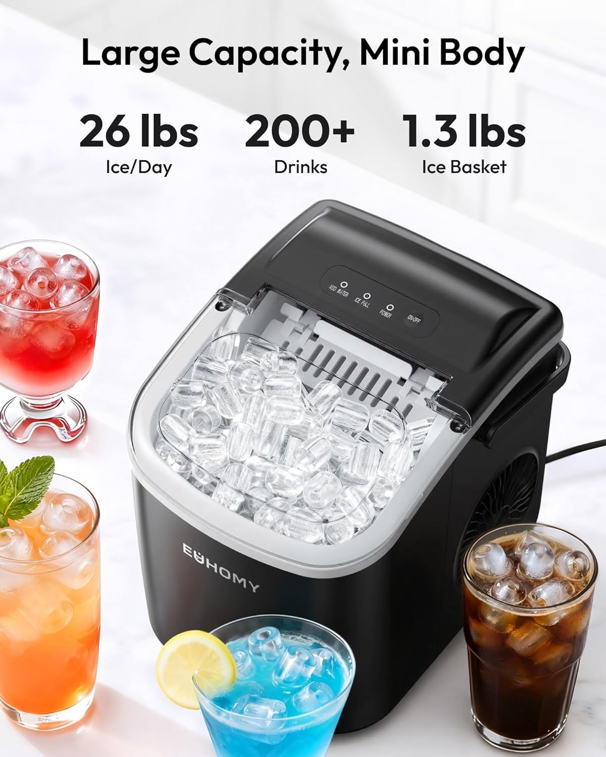 Communicates the product's impressive performance specifications—26 lbs of ice per day, 200+ drink capacity, and lightweight 1.3 lb ice basket—to demonstrate high capacity in a compact form factor.…
