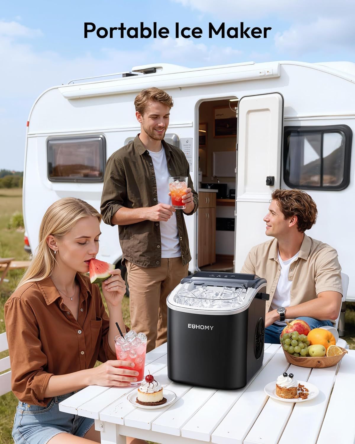 Demonstrates the ice maker's portability and versatility for outdoor activities, camping, and RV travel, showing it can provide fresh ice in remote locations. Shows the product in a real-world…