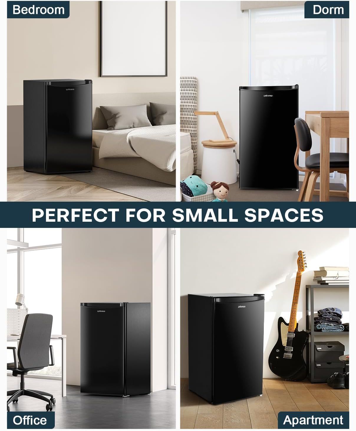 Demonstrates the product's versatility by showing it fits perfectly in multiple room types and living situations—bedroom, dorm, office, and apartment—reassuring shoppers it's ideal for small spaces…