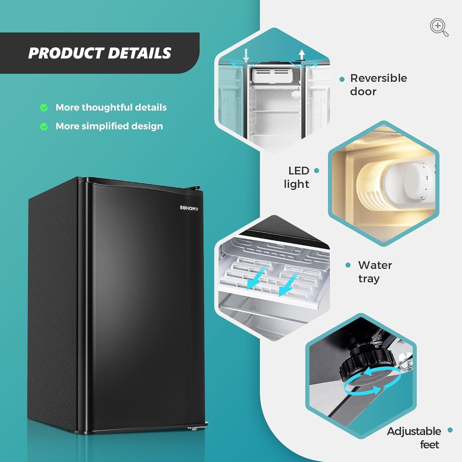 This image breaks down the mini fridge's key physical components and structural features to help shoppers understand what the product includes and how it's designed.