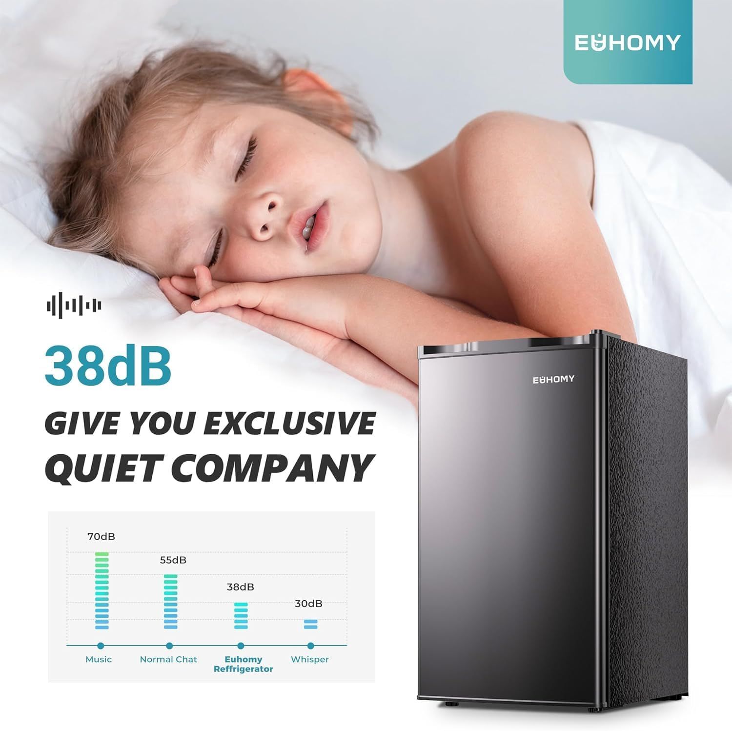 Communicates the refrigerator's ultra-quiet 38dB noise level to reassure shoppers that it won't disturb sleep or daily activities, positioning it as quieter than normal conversation. Highlights the…