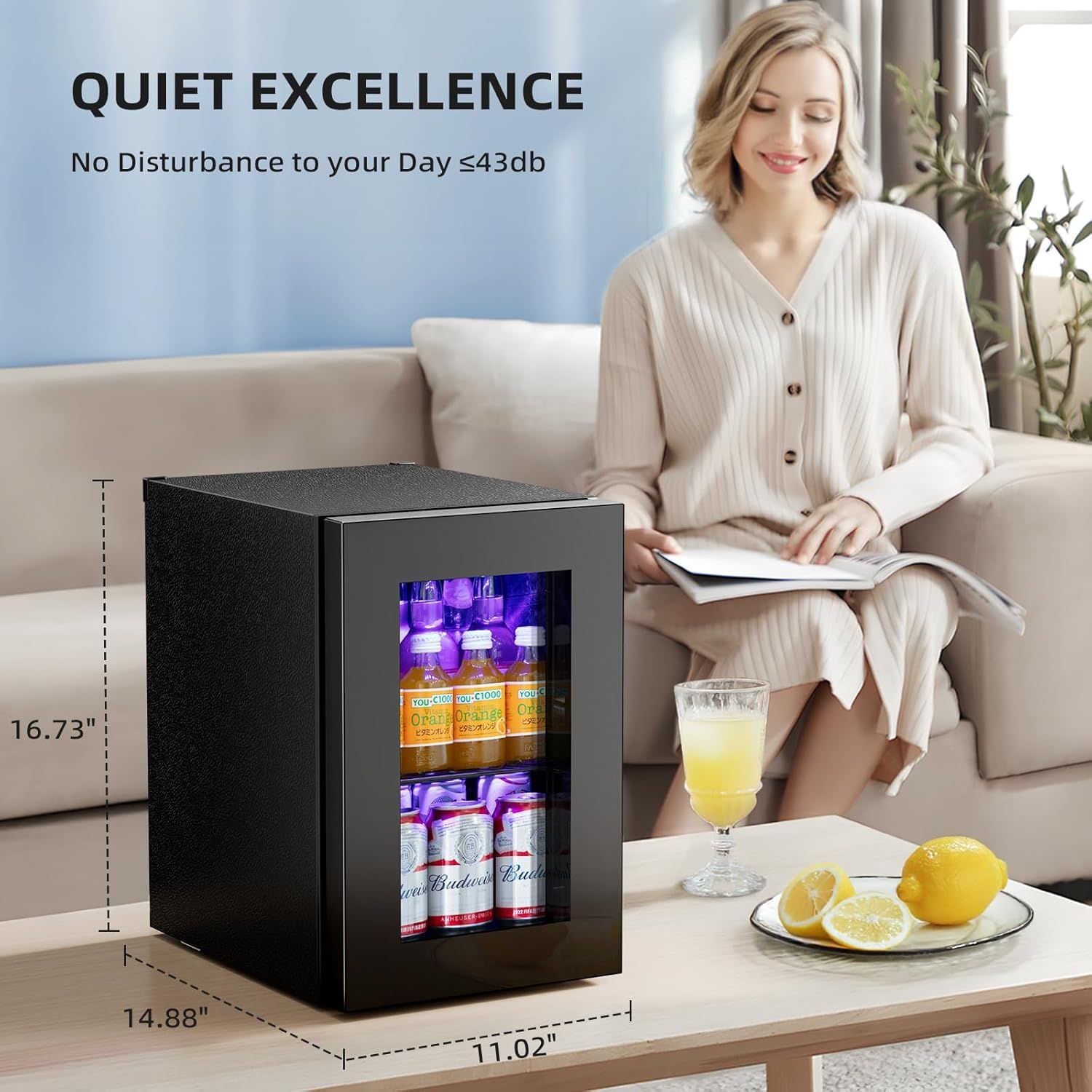 Communicates the physical dimensions of the mini fridge (16.73" x 14.88" x 11.02") to help shoppers understand its compact size and space requirements. Highlights the product's quiet operation…