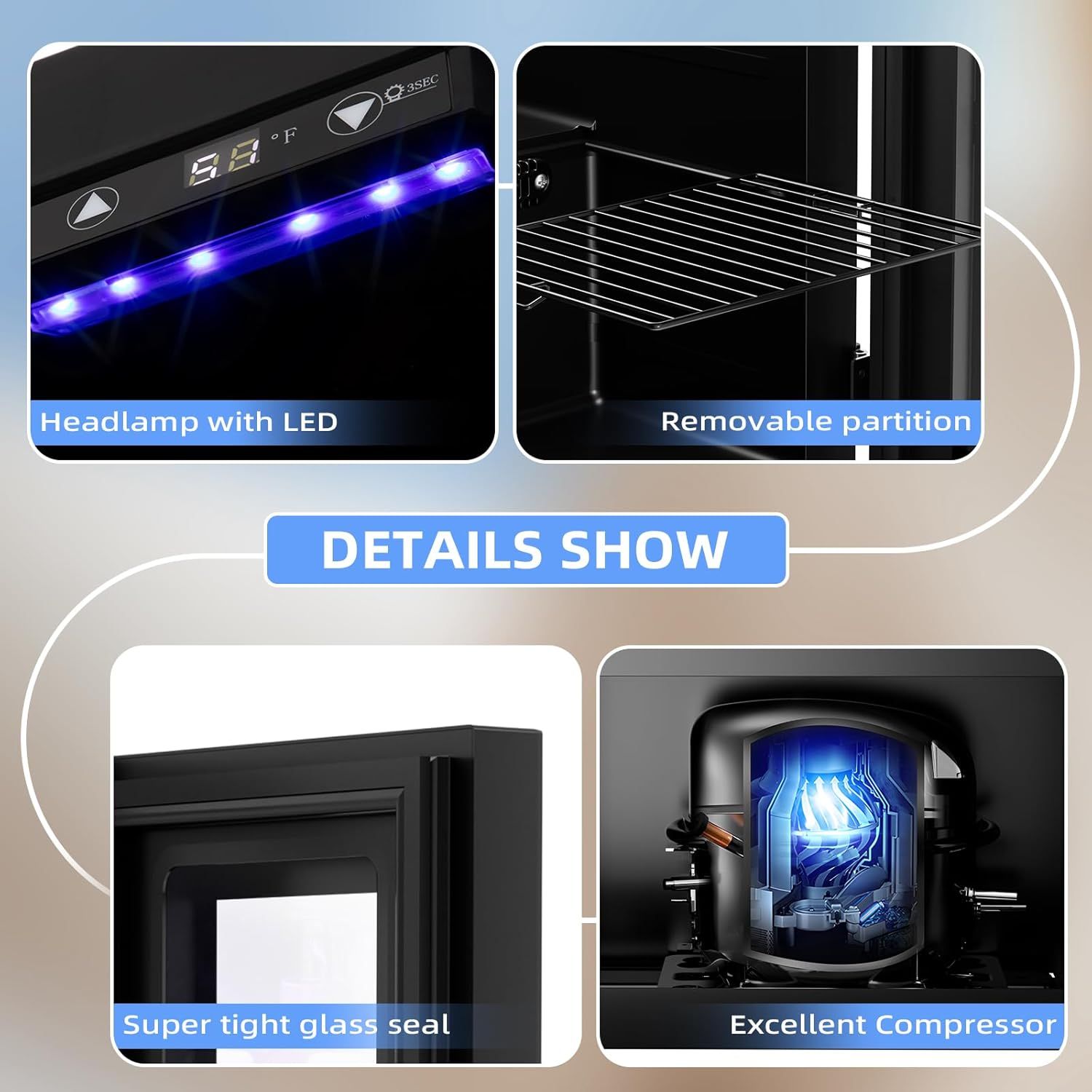 Showcases four distinct product features in a segmented layout to communicate the product's quality construction, interior lighting, flexible storage, and reliable cooling performance.
