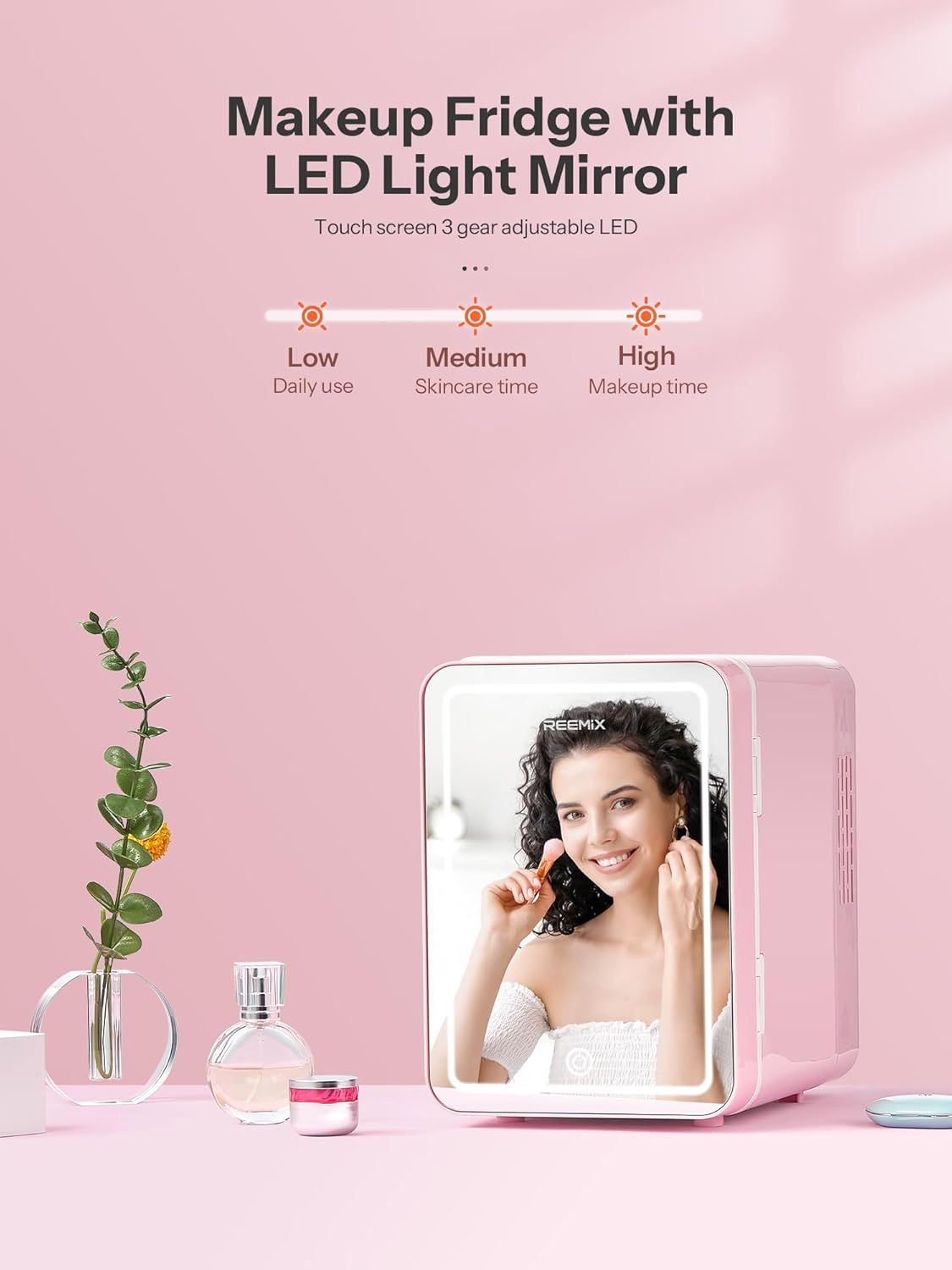 Highlights the adjustable LED lighting feature with three brightness settings (Low, Medium, High) for different use cases, reassuring shoppers of the mirror's versatility for daily use, skincare,…
