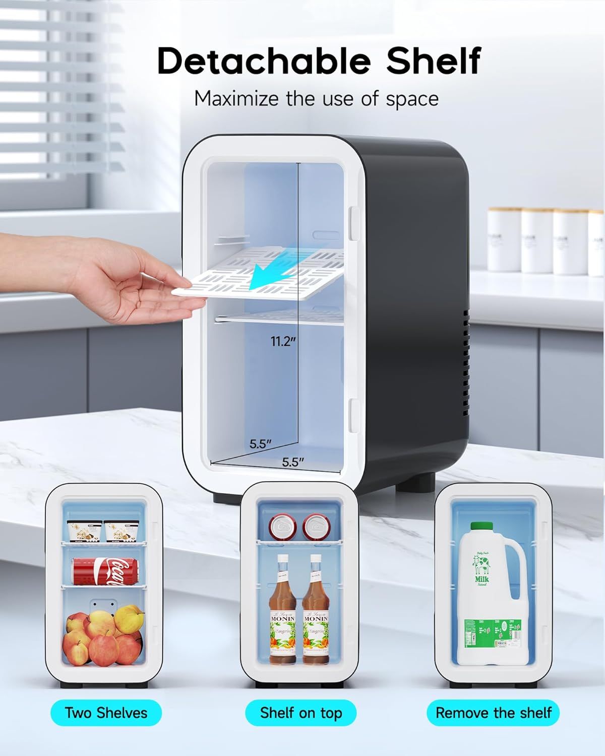 Demonstrates the mini fridge's detachable shelf feature that allows users to customize interior space and maximize storage efficiency for different sized items.