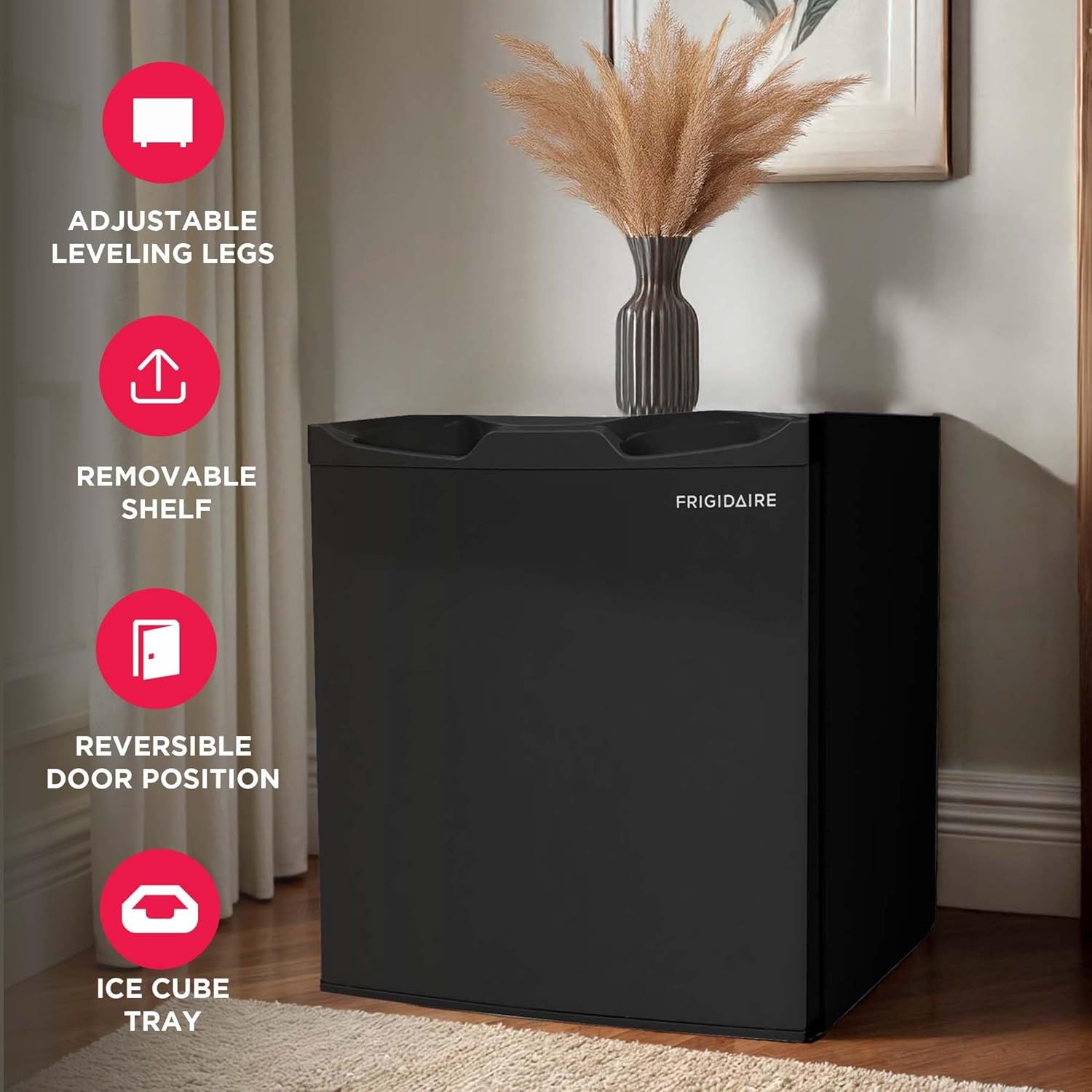 Highlights four distinct functional features of the mini fridge to demonstrate its versatility and convenience for various user needs.