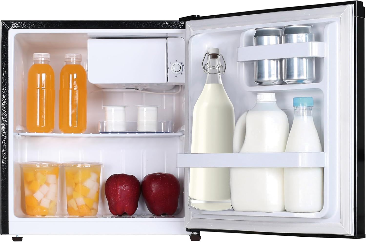 Demonstrates the product's interior storage capacity and organization by showing it stocked with everyday food and beverage items, helping shoppers visualize how they can use the refrigerator in…