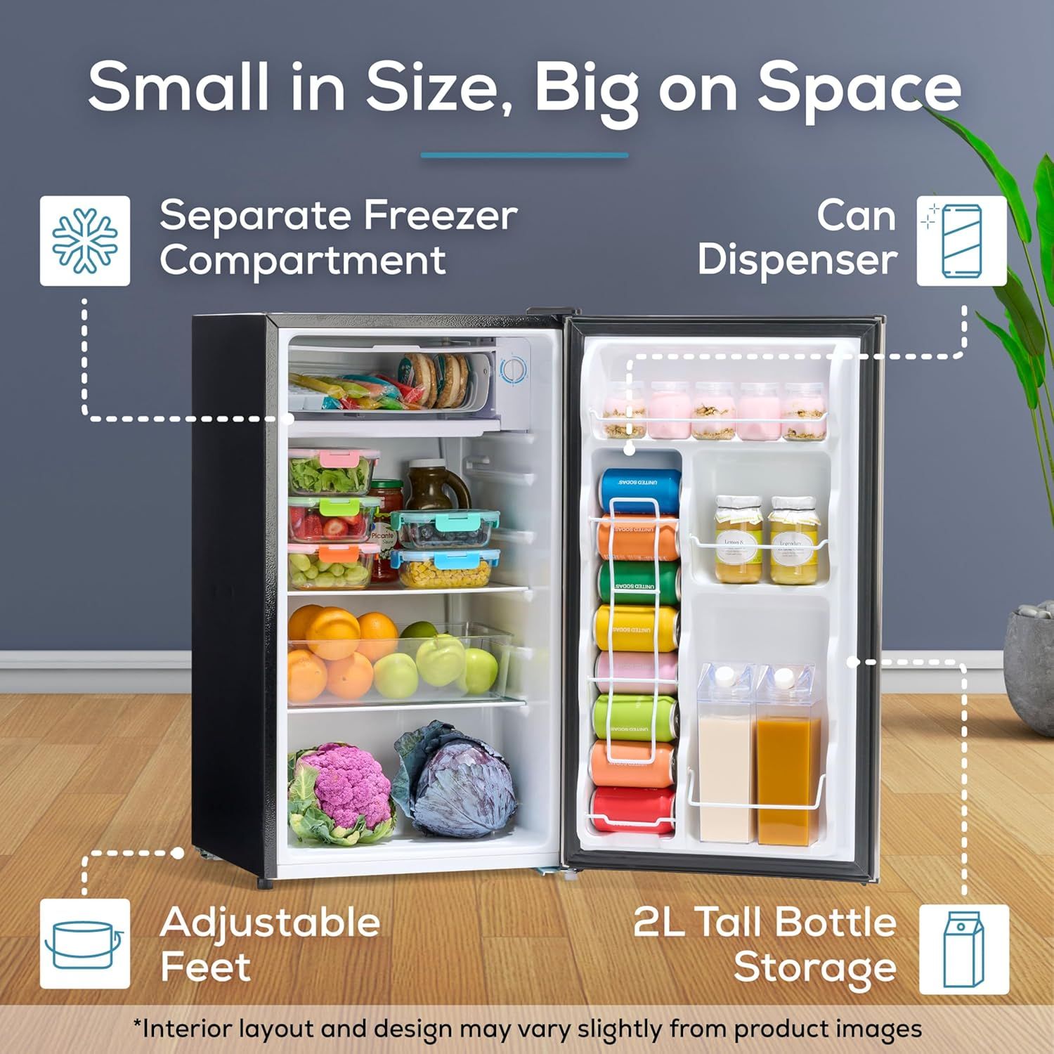 This image breaks down the refrigerator's key physical features and storage zones to help shoppers understand the product's internal organization and space-saving design capabilities.