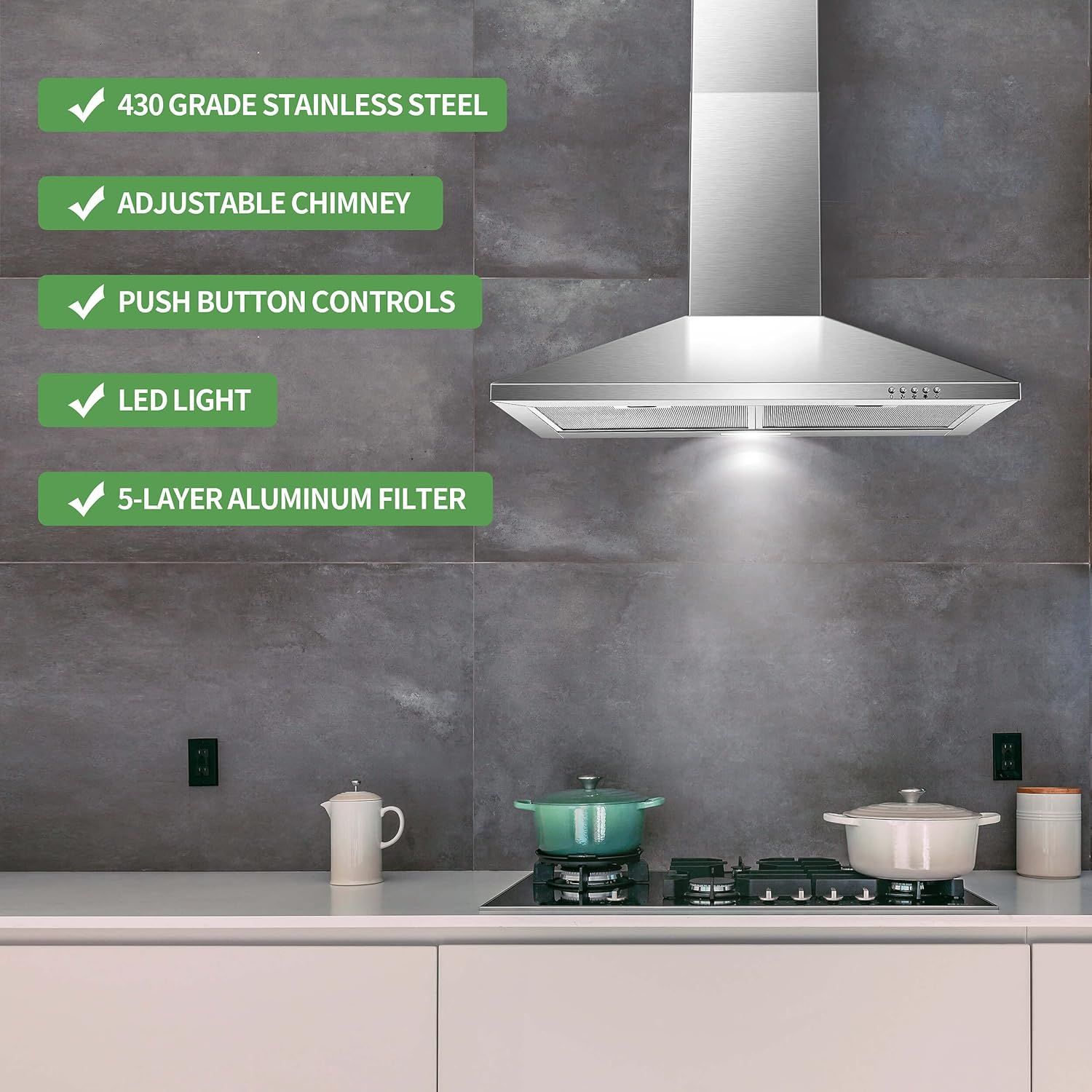 Communicates multiple key features and benefits of the range hood in a visually segmented checklist format to help shoppers quickly understand the product's quality, functionality, and convenience.