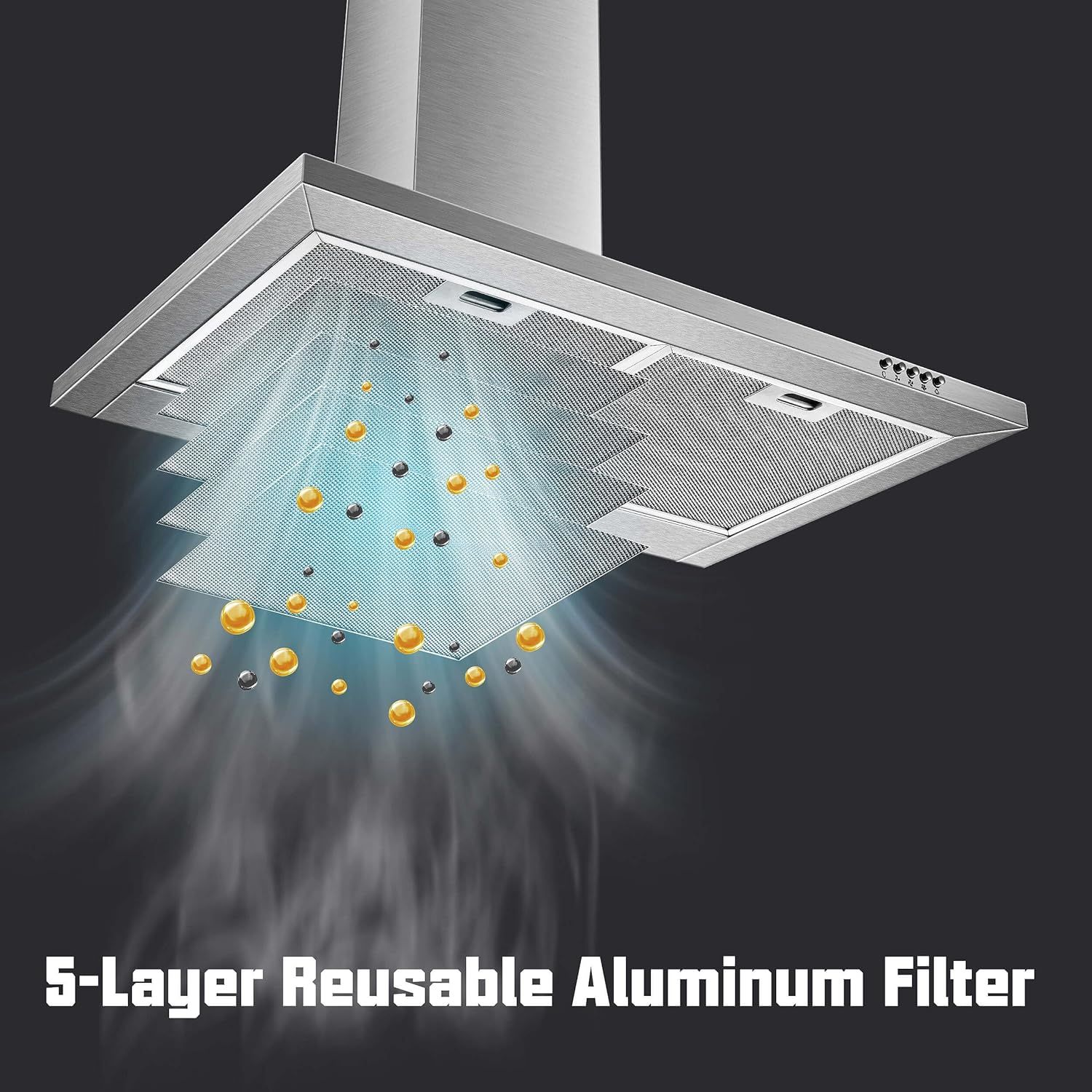 Highlights the advanced filtration system of the range hood, emphasizing the reusable aluminum filter technology that captures grease and particles effectively.