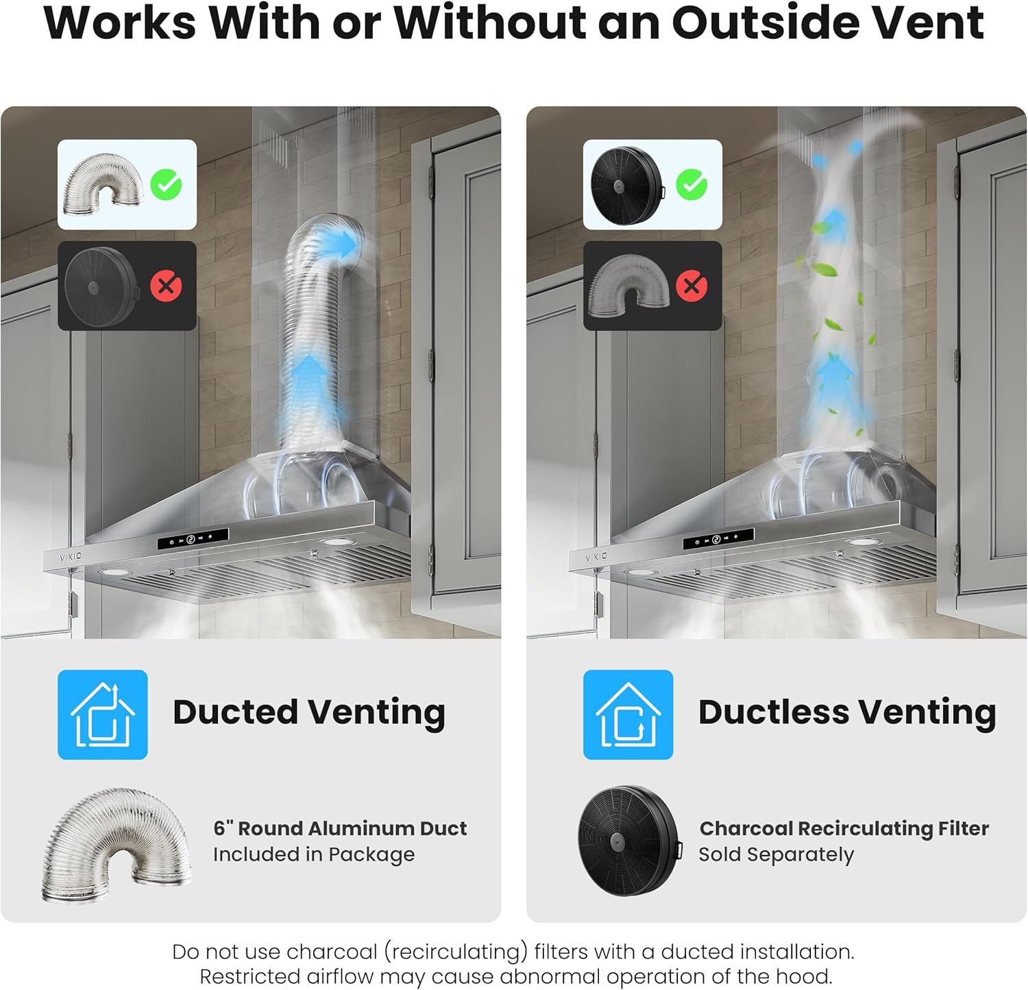 Demonstrates the two installation options available for this range hood—ducted venting with an external vent or ductless recirculating mode—to help shoppers understand the product's versatility and…