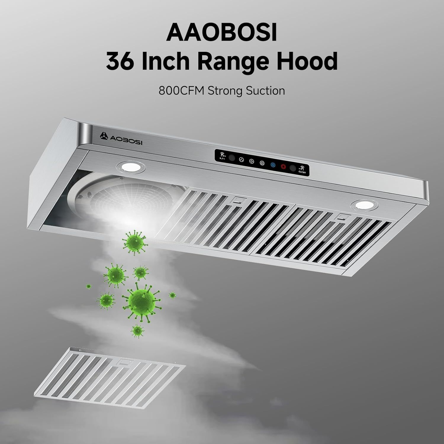 Communicates the powerful suction capacity of the range hood to reassure shoppers of its performance and effectiveness in removing smoke, odors, and airborne particles. Highlights the range hood's…