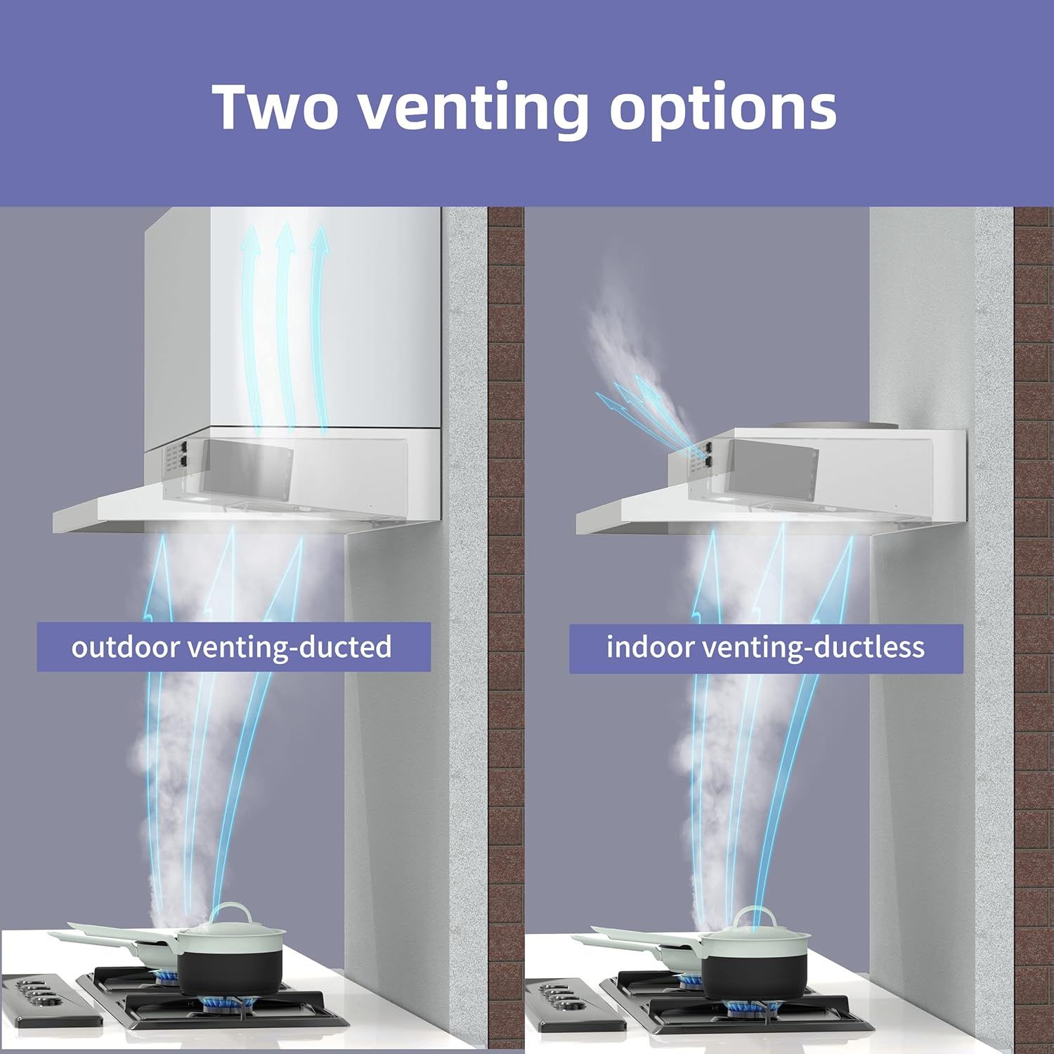 Demonstrates the two installation options available for the range hood—outdoor ducted venting and indoor ductless venting—to help shoppers understand the product's flexibility and choose the…