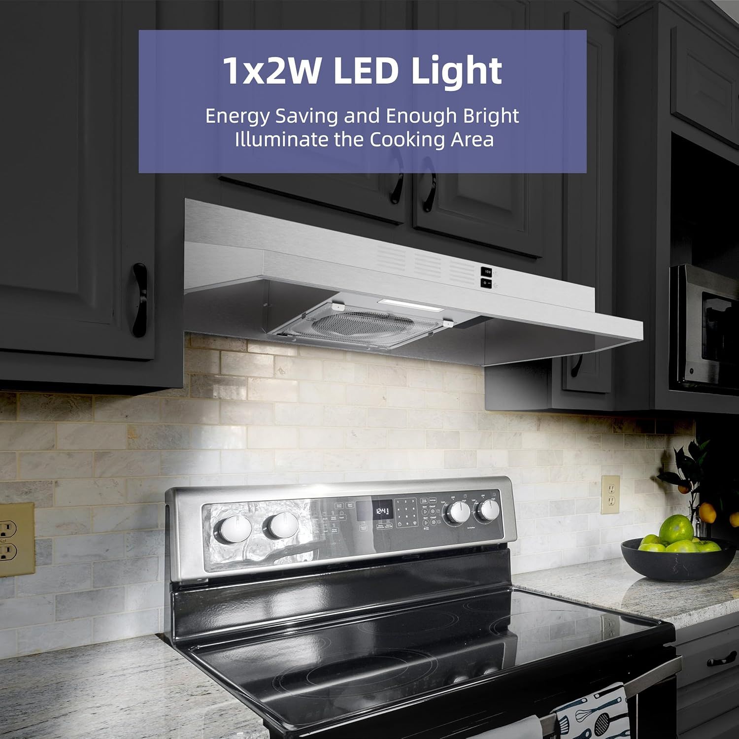 Highlights the energy-efficient LED lighting feature that provides bright illumination for the cooking area, reassuring shoppers of both cost savings and functional lighting quality.