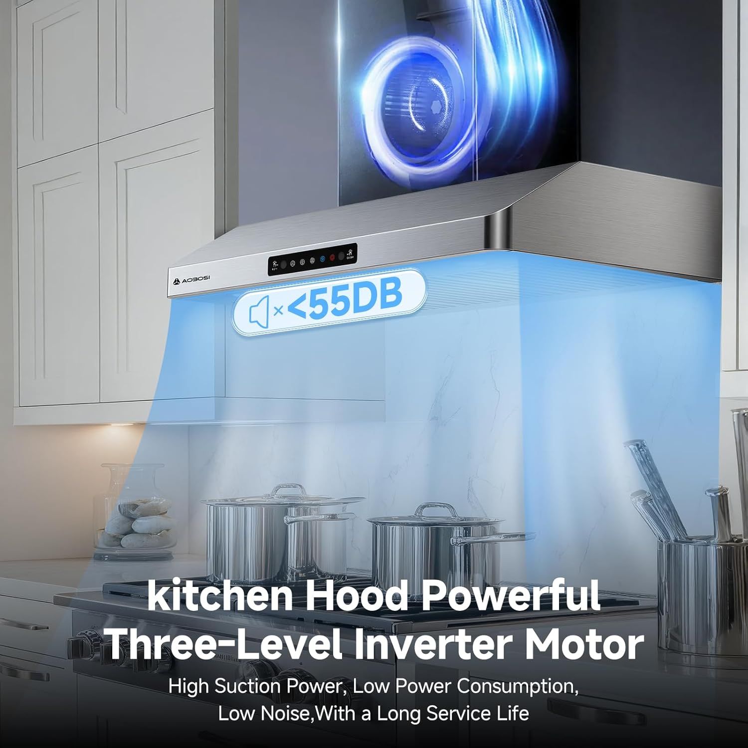 Communicates the quiet operation of the kitchen hood with a specific decibel measurement to reassure shoppers about low noise performance. Highlights the advanced inverter motor technology and its…