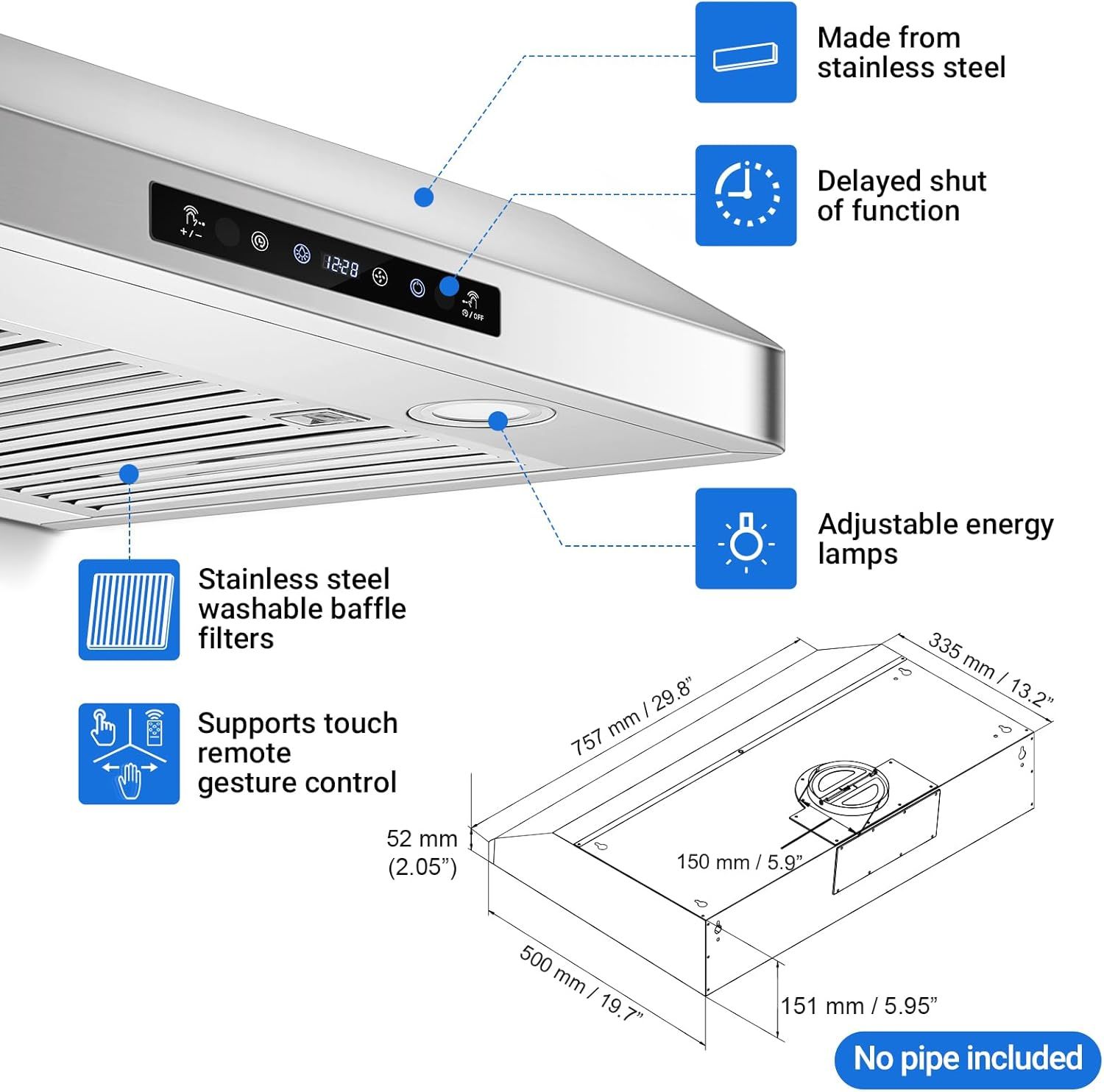 This image breaks down the range hood's key physical components and features, using callout lines and icons to help shoppers understand what the product is made of and how its parts function.…