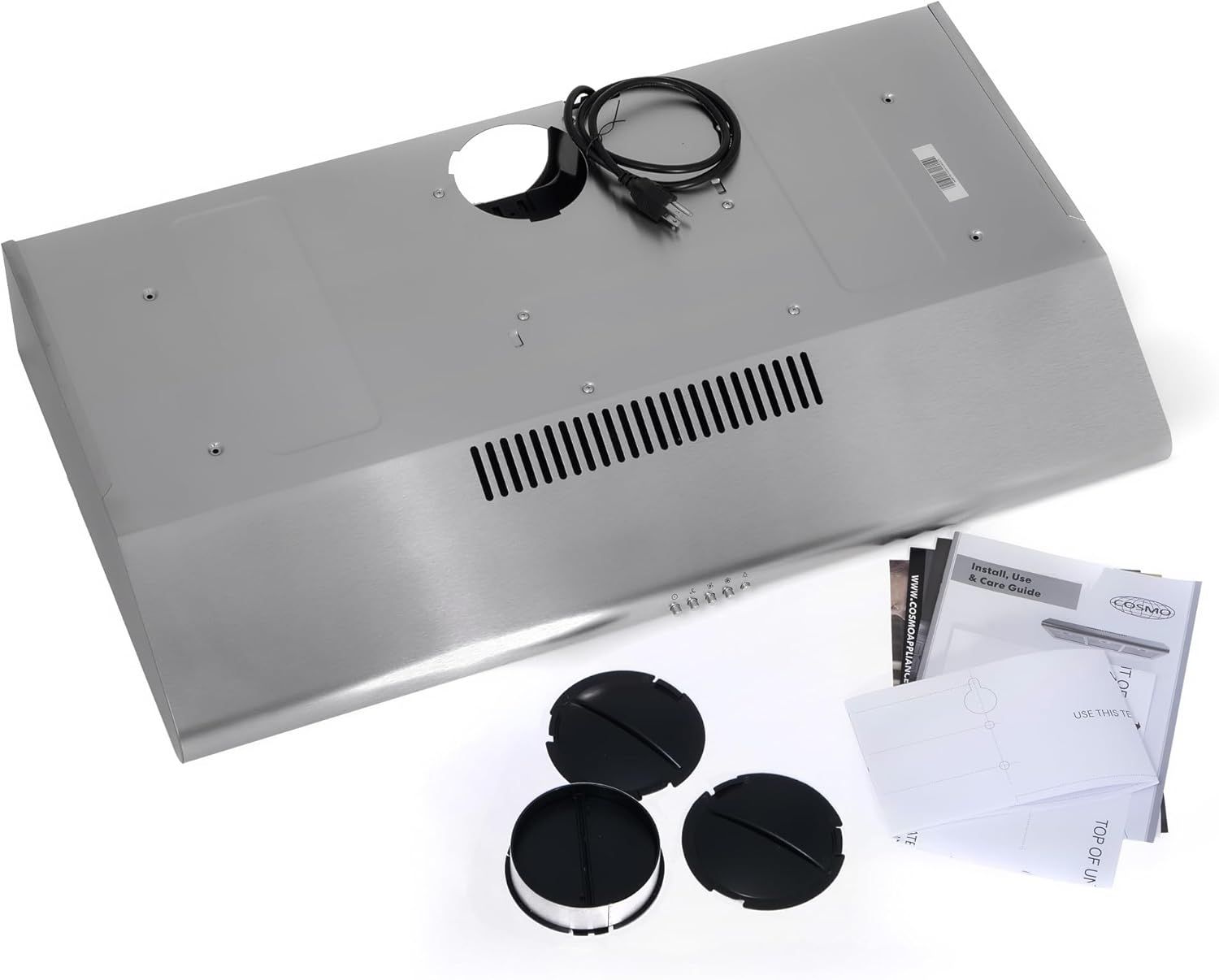 Shows everything included in the box: the range hood unit, power cord, installation accessories, filters, and instruction manual to reassure buyers they have all necessary components.
