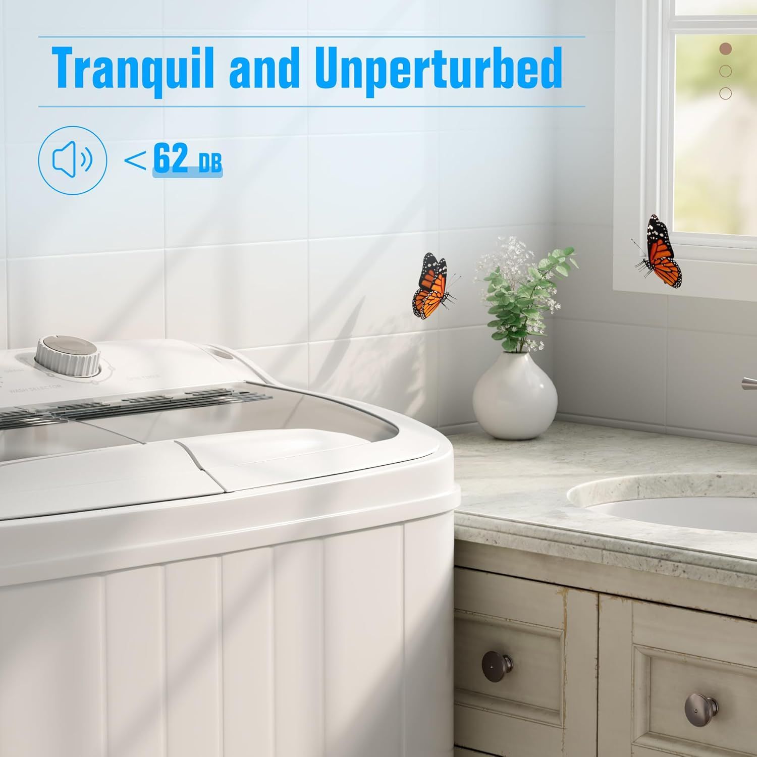 Communicates that the washing machine operates at less than 62 decibels, reassuring shoppers that it runs quietly and won't disturb household peace. Highlights the peaceful, quiet operation of the…
