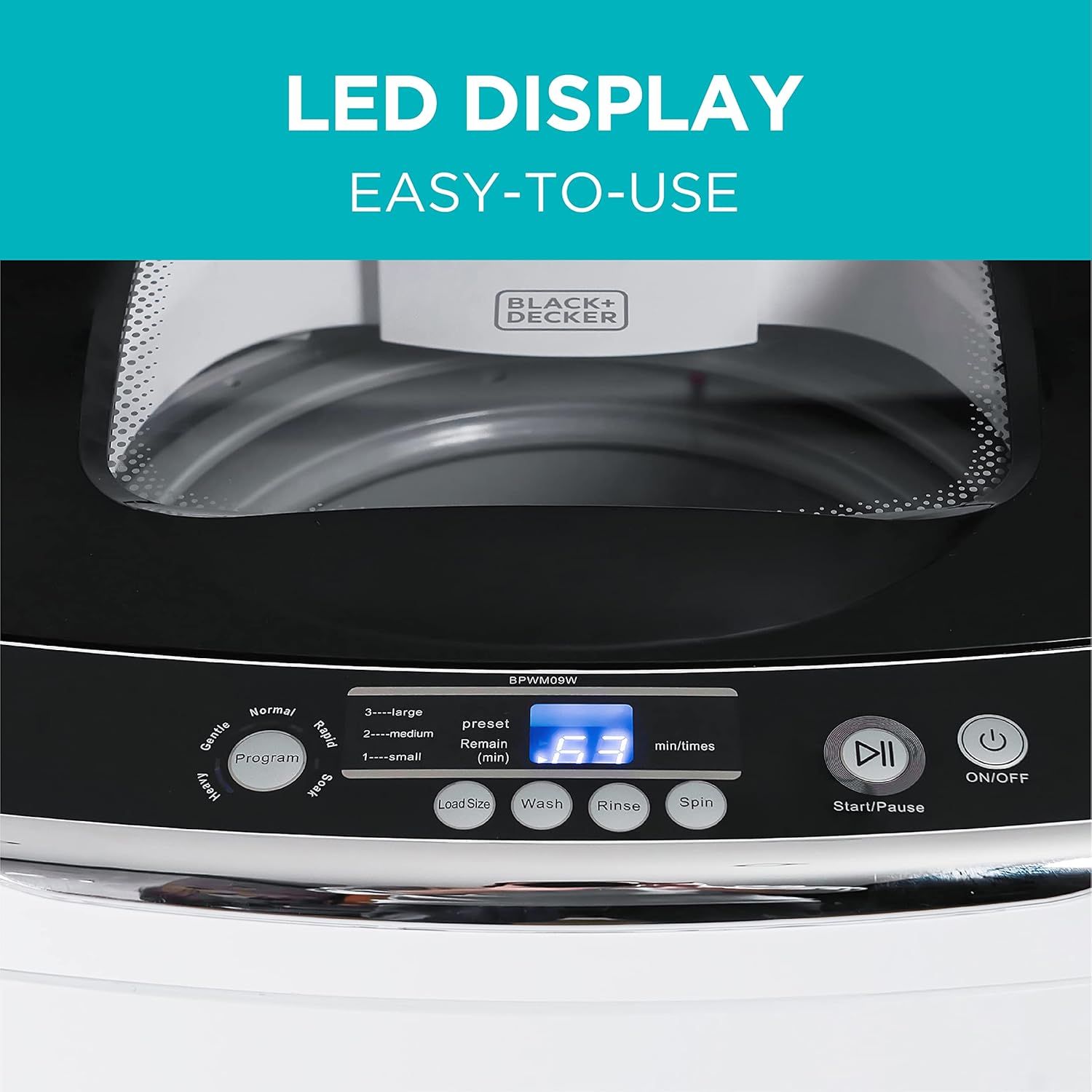 Highlights the product's LED display and user-friendly control panel to reassure shoppers that the washing machine is simple to operate and monitor.