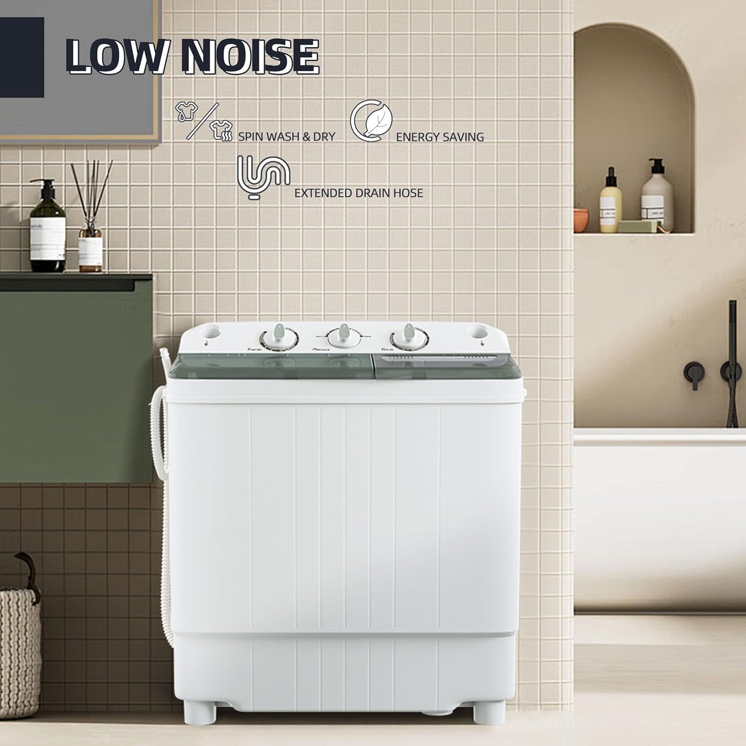 Communicates multiple key benefits of the washing machine including quiet operation, dual wash/dry functionality, energy efficiency, and convenient drain hose length to help shoppers understand the…