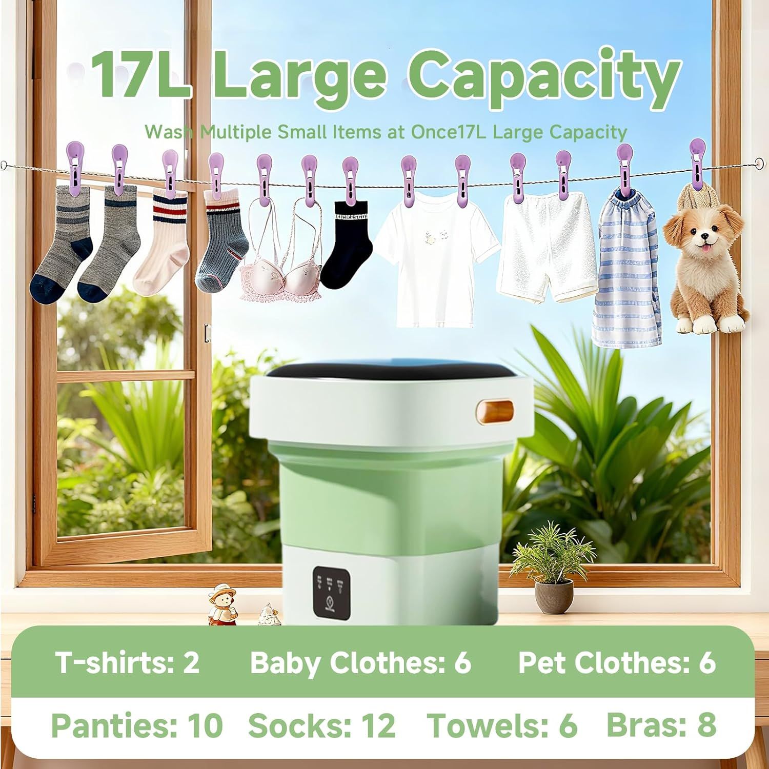 Communicates the washing machine's large 17-liter capacity by showing how many different types of clothing items it can wash at once, reassuring shoppers about its ability to handle multiple loads.…