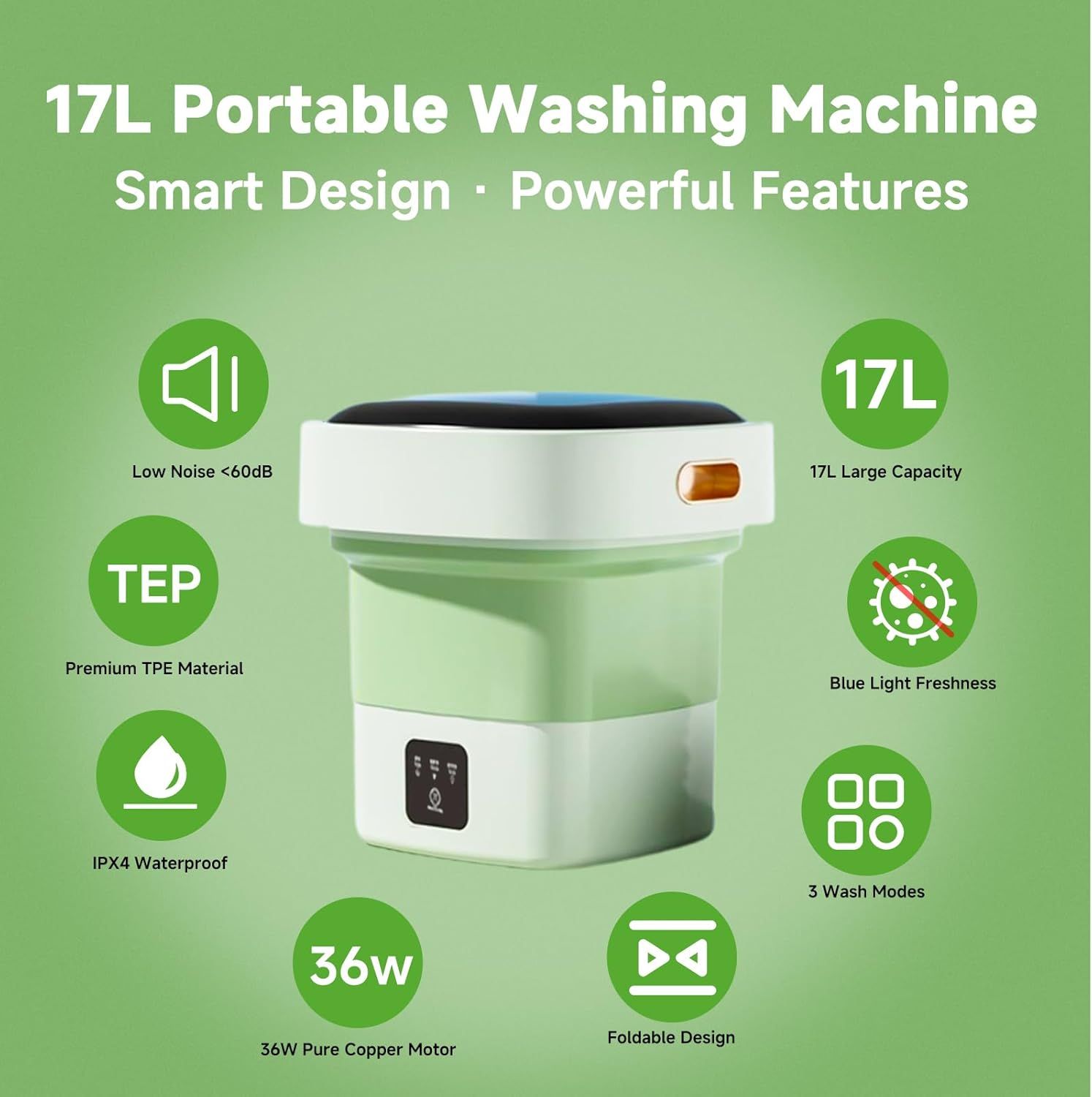 This image showcases eight distinct features and benefits of the portable washing machine in a visually segmented circular icon layout, helping shoppers quickly understand the product's…