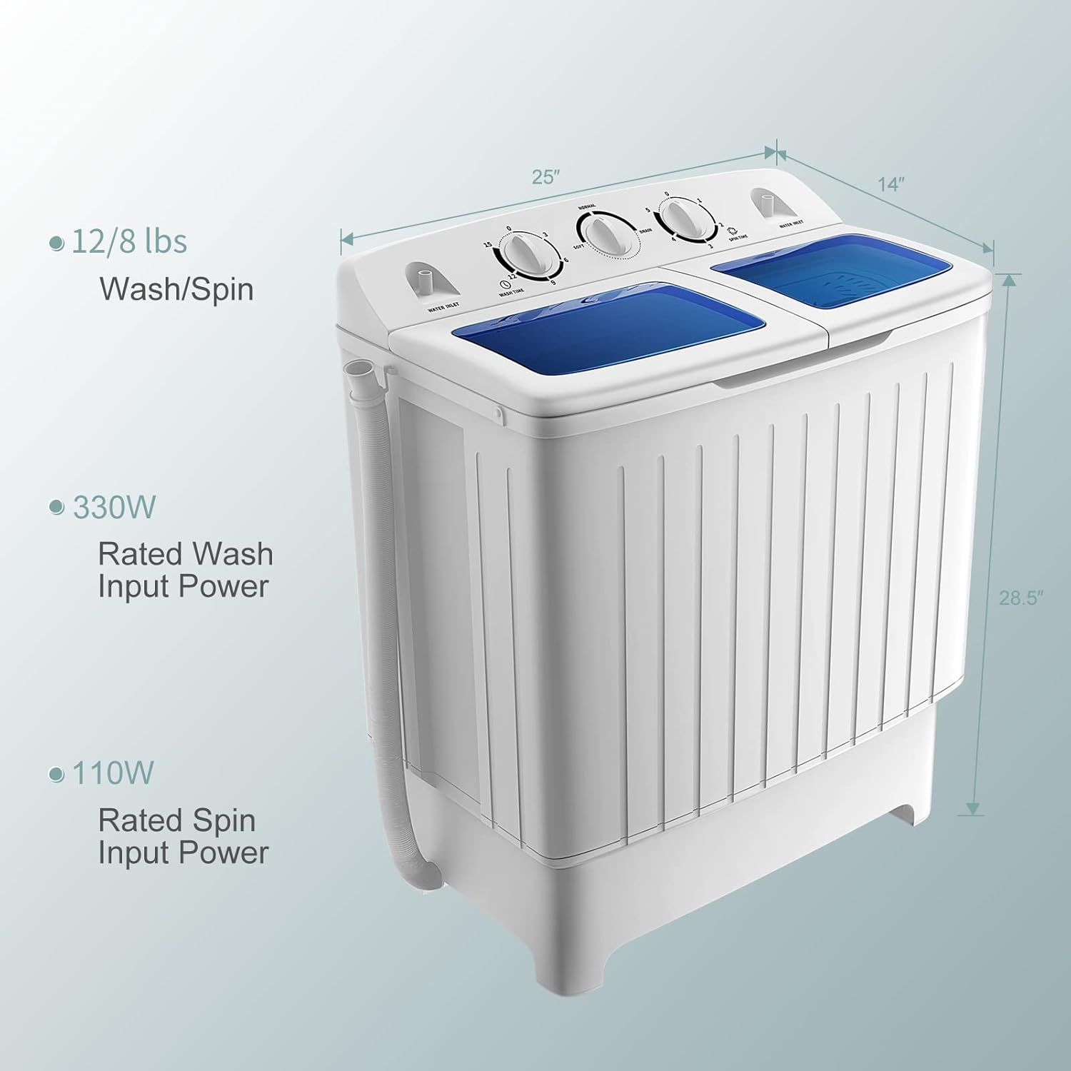 Communicates the exact physical dimensions (25 x 14 x 28.5 inches) and capacity (12/8 lbs wash/spin) to help shoppers understand the size and load capacity of this portable washing machine.…