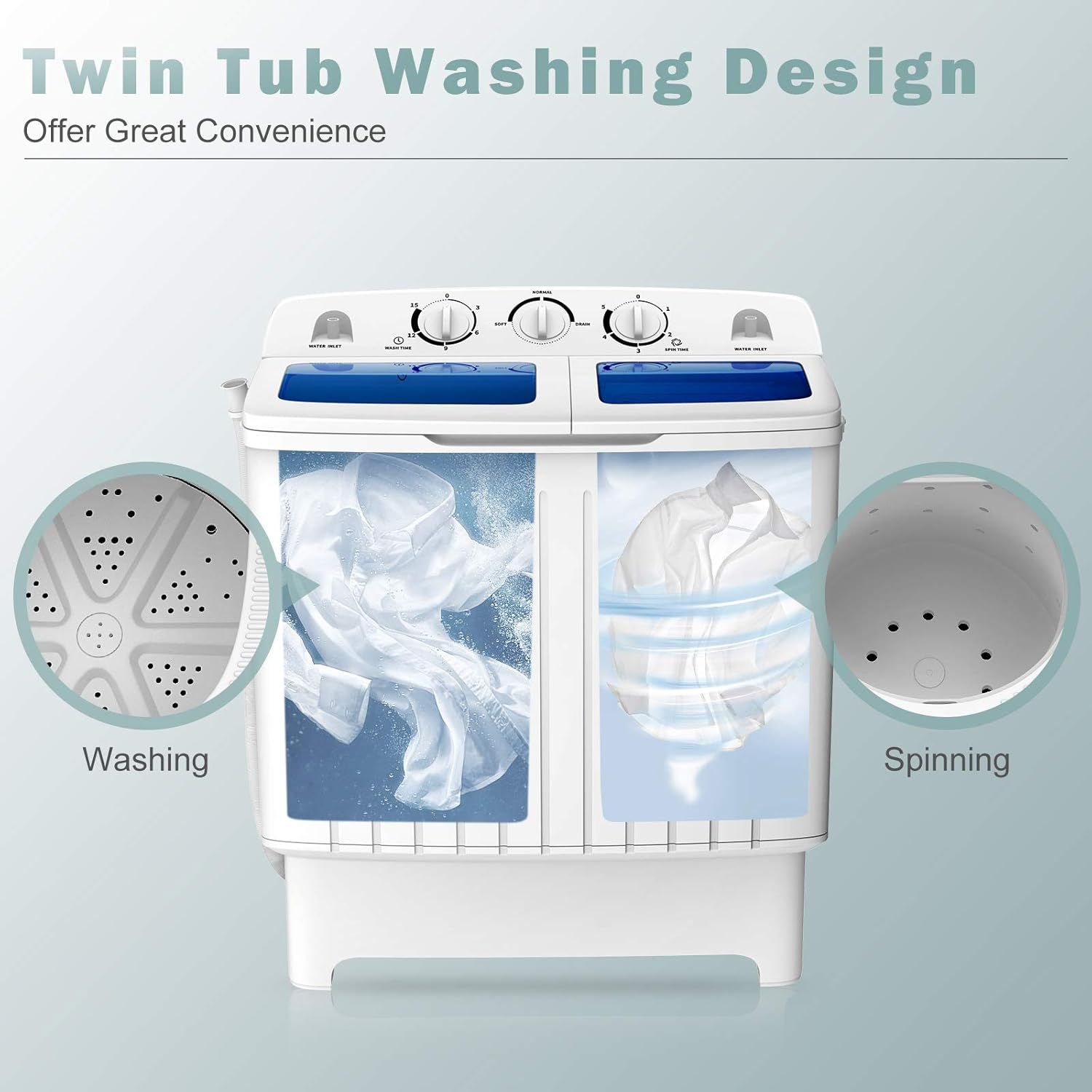 Demonstrates the dual-tub structure of the washing machine, showing how one tub is dedicated to washing and the other to spinning, highlighting the convenience of the twin tub design.